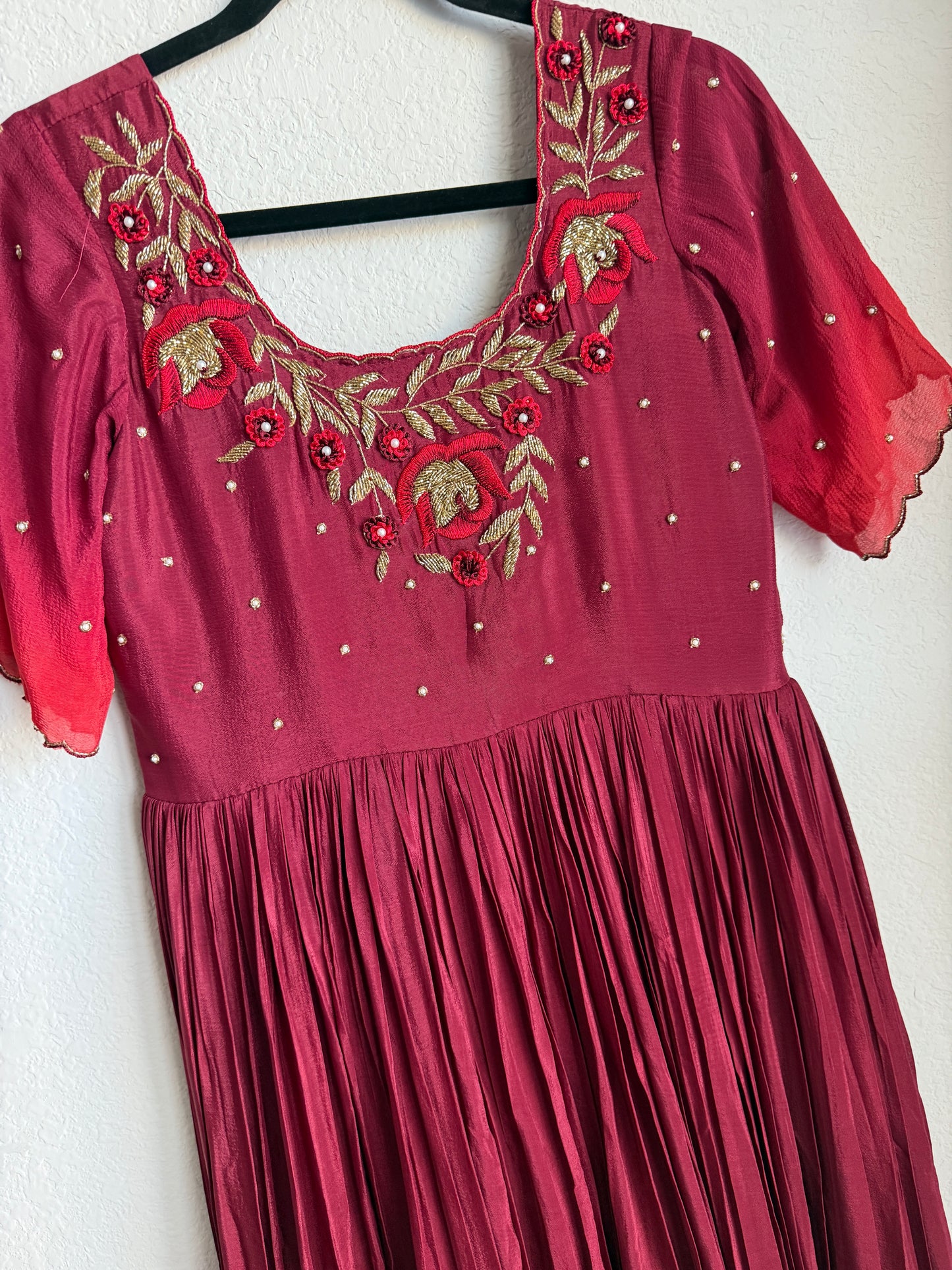 Maroon with red dual shade chinnon long anarkali dress with maggam work detailing on the yolk