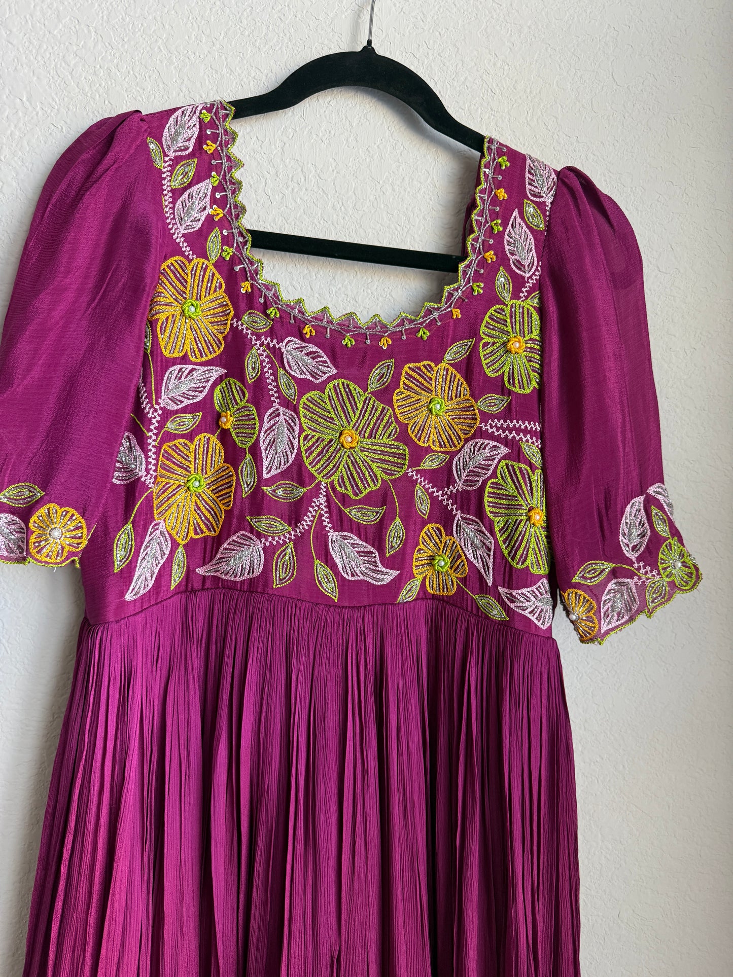 Magenta pink long anarkali designer dress with maggam work on the yolk