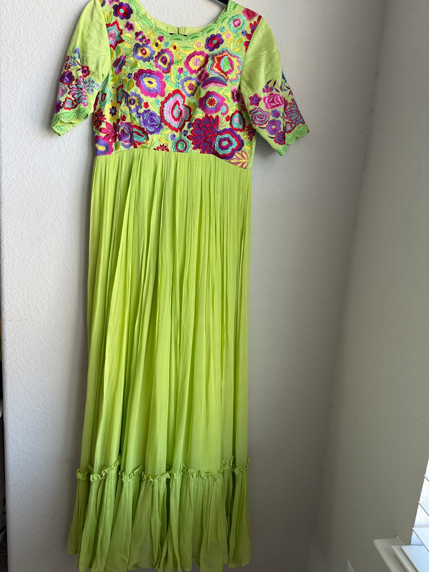 Parrot green heavy embroidered yolk georgette long anarkali dress