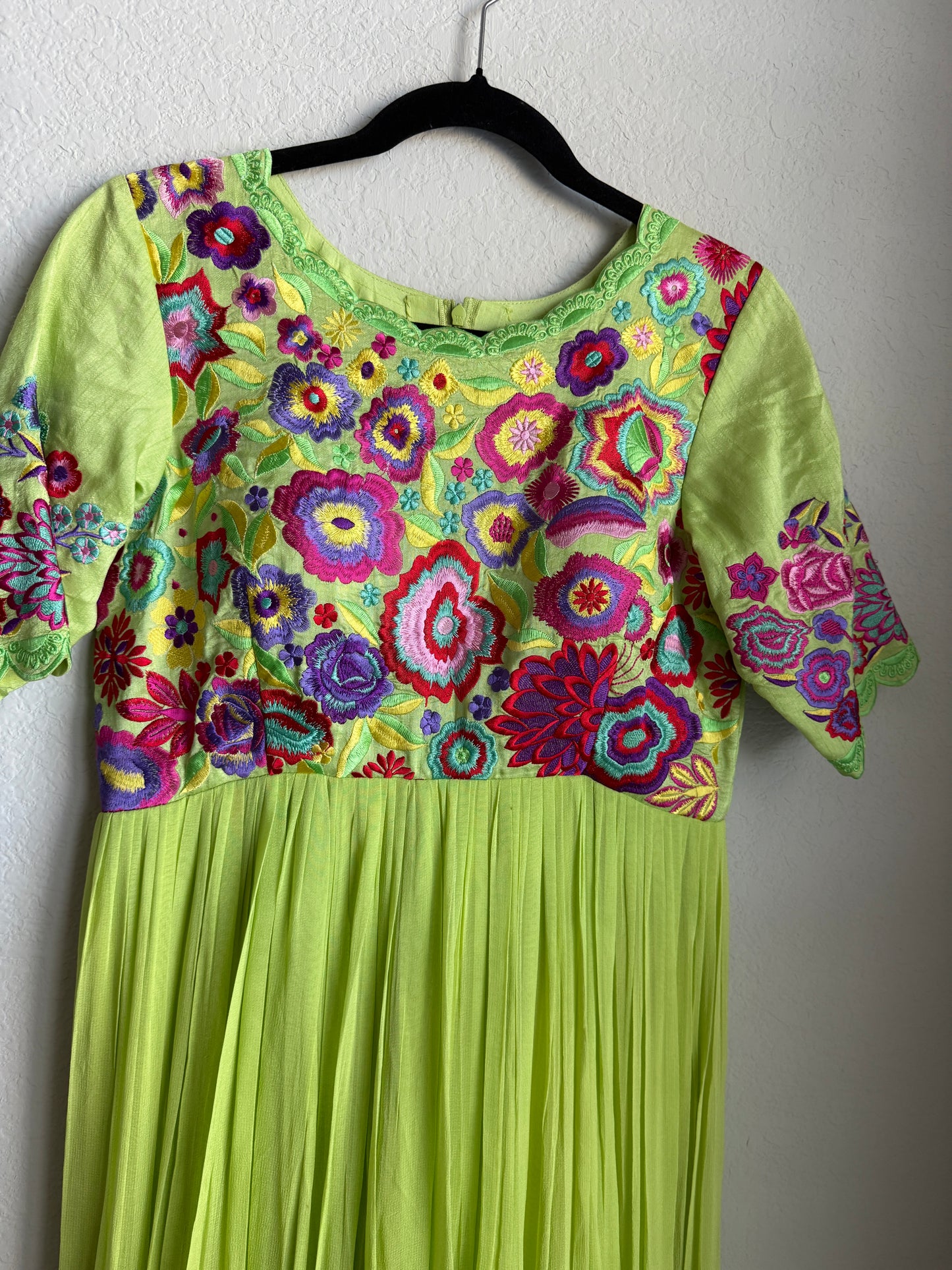 Parrot green heavy embroidered yolk georgette long anarkali dress