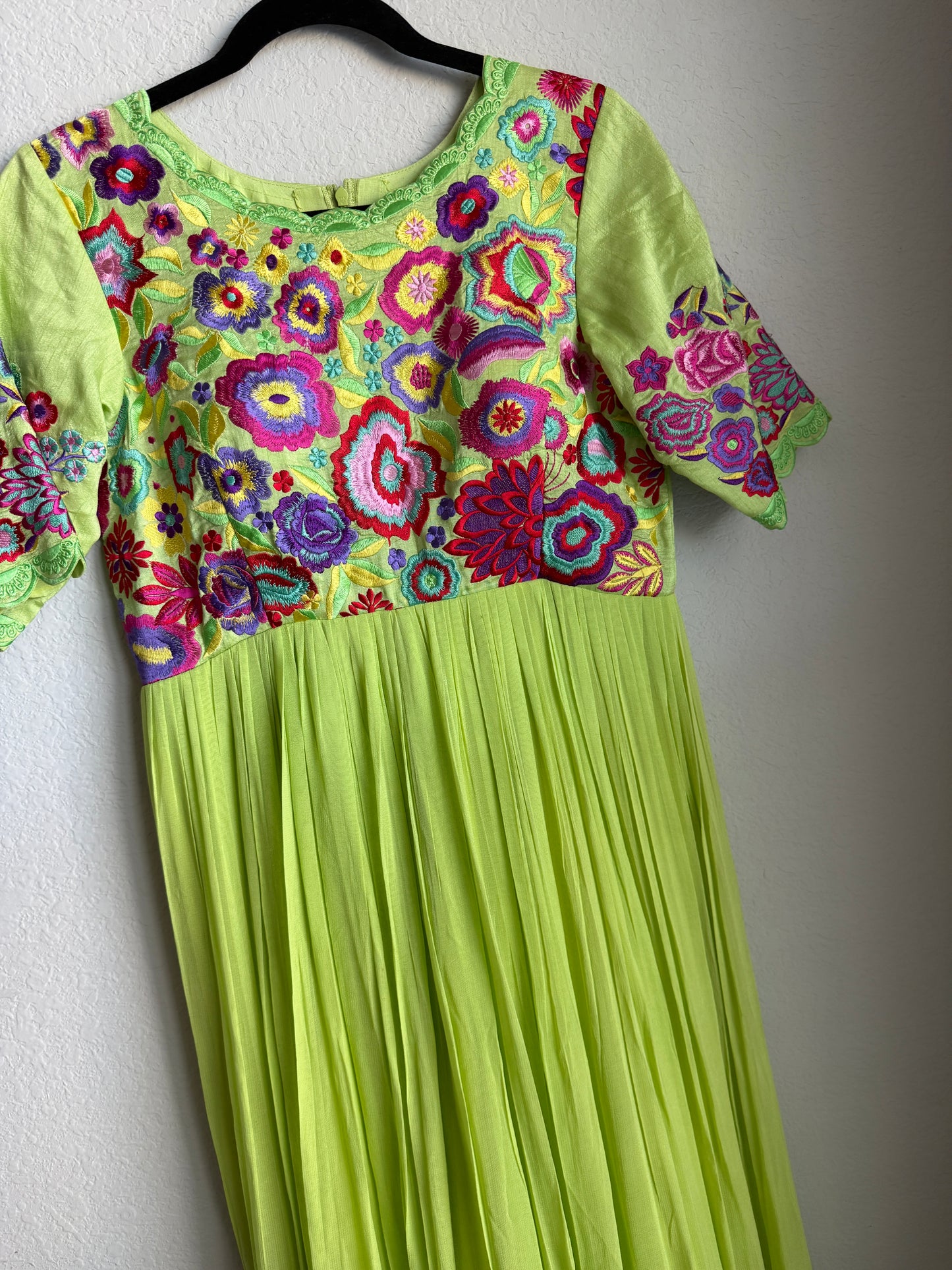 Parrot green heavy embroidered yolk georgette long anarkali dress