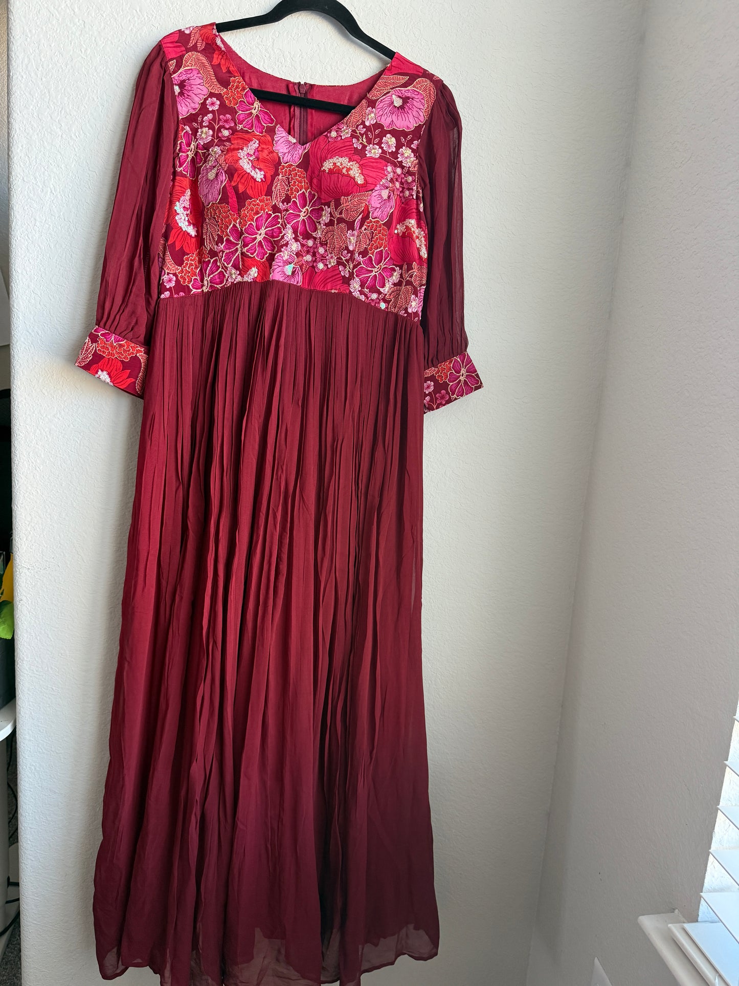 Maroon georgette v neck designer long dress