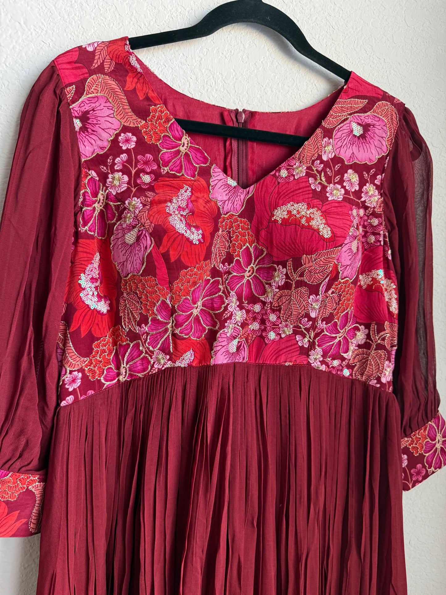 Maroon georgette v neck designer long dress