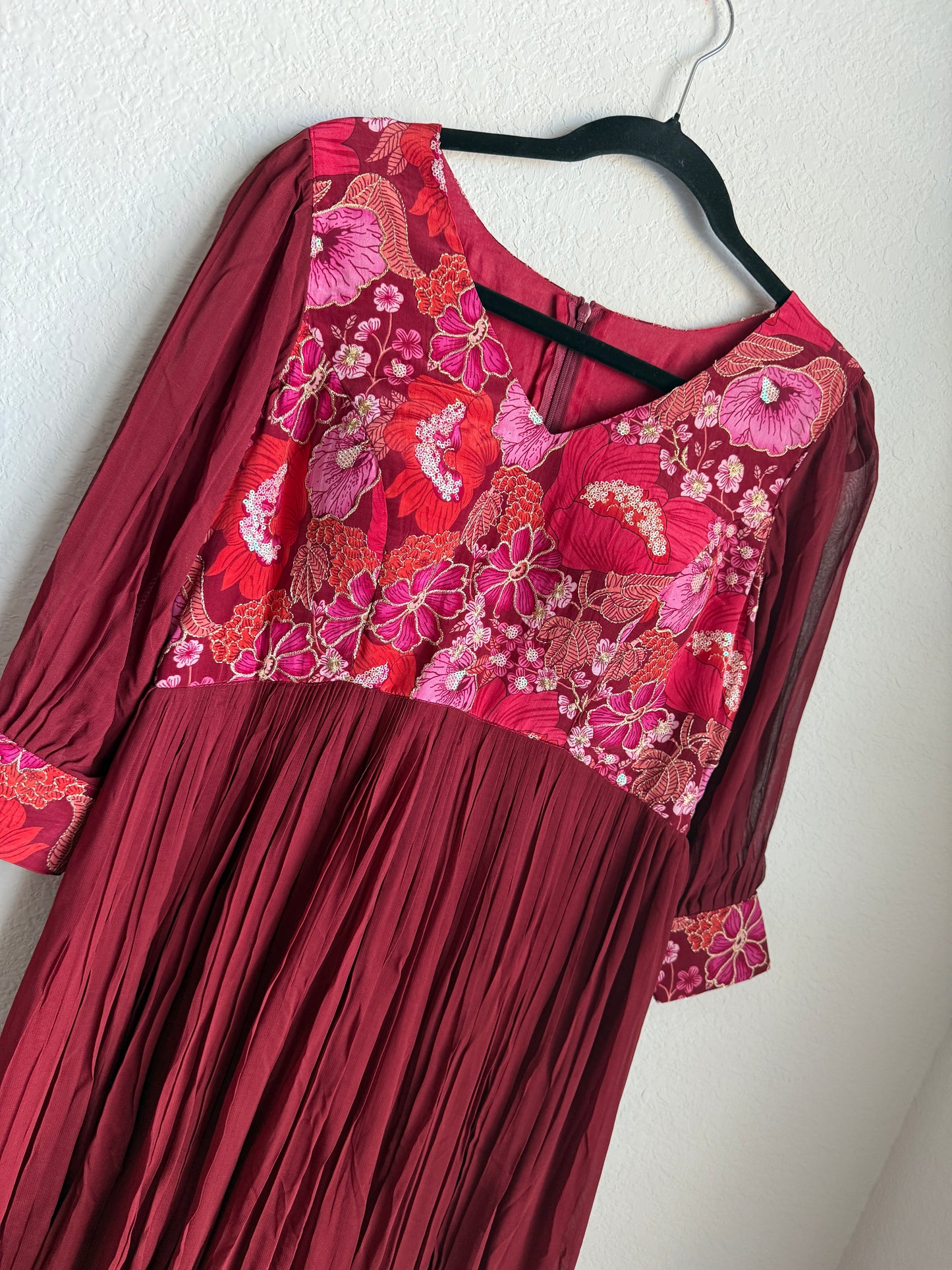 Maroon georgette v neck designer long dress