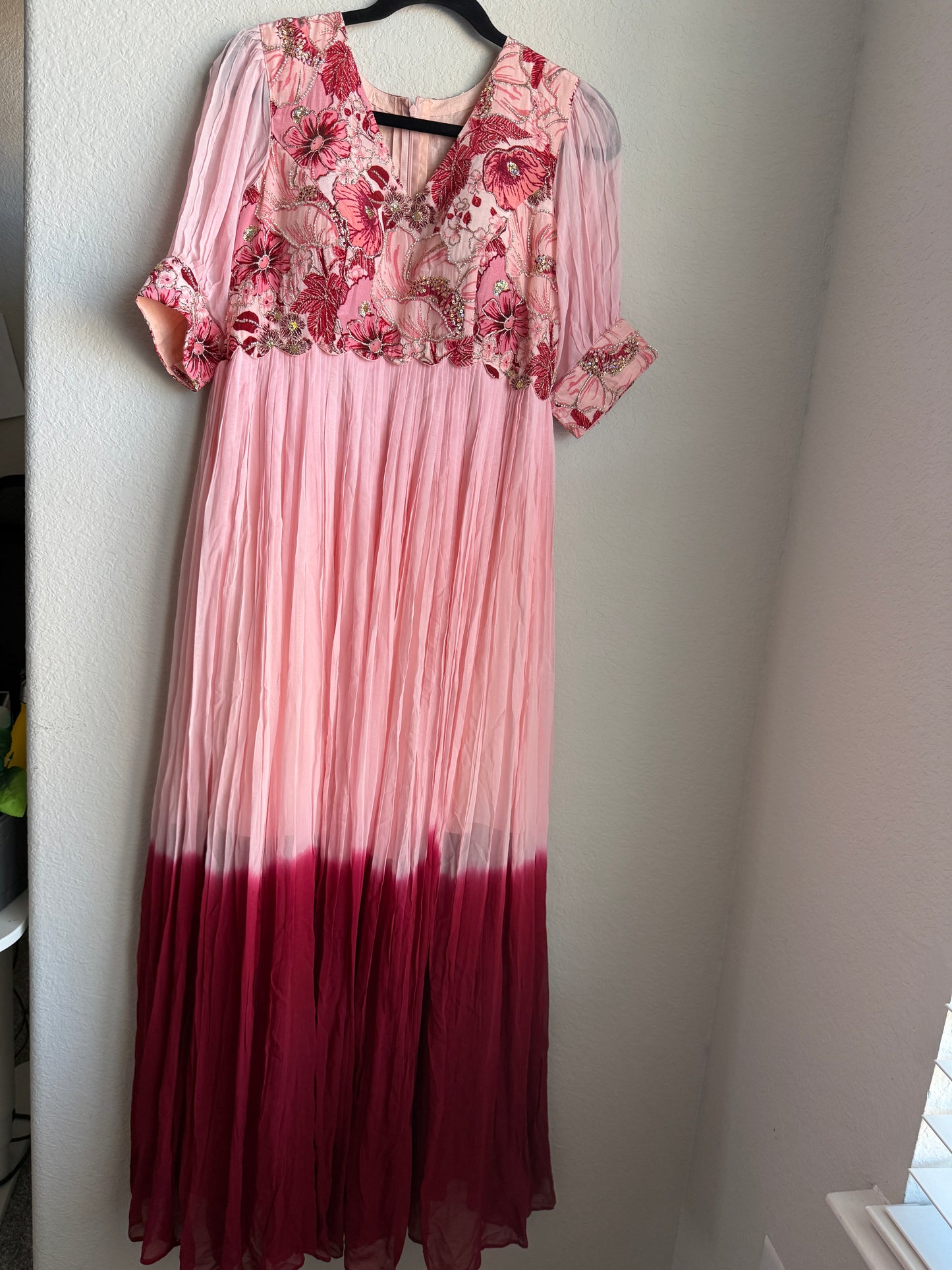 Peach with maroon dual shade long anarkali pleated dress