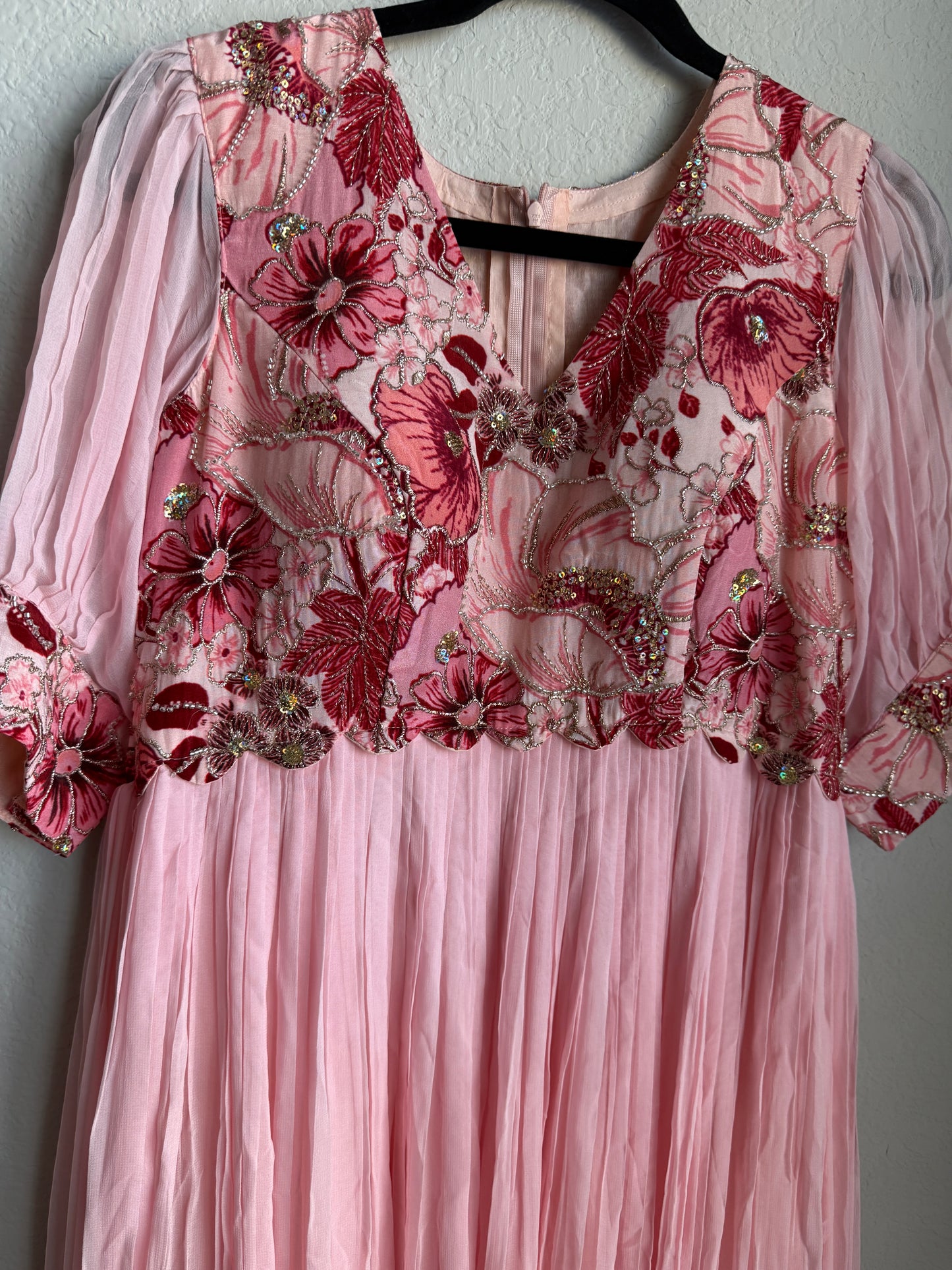 Peach with maroon dual shade long anarkali pleated dress