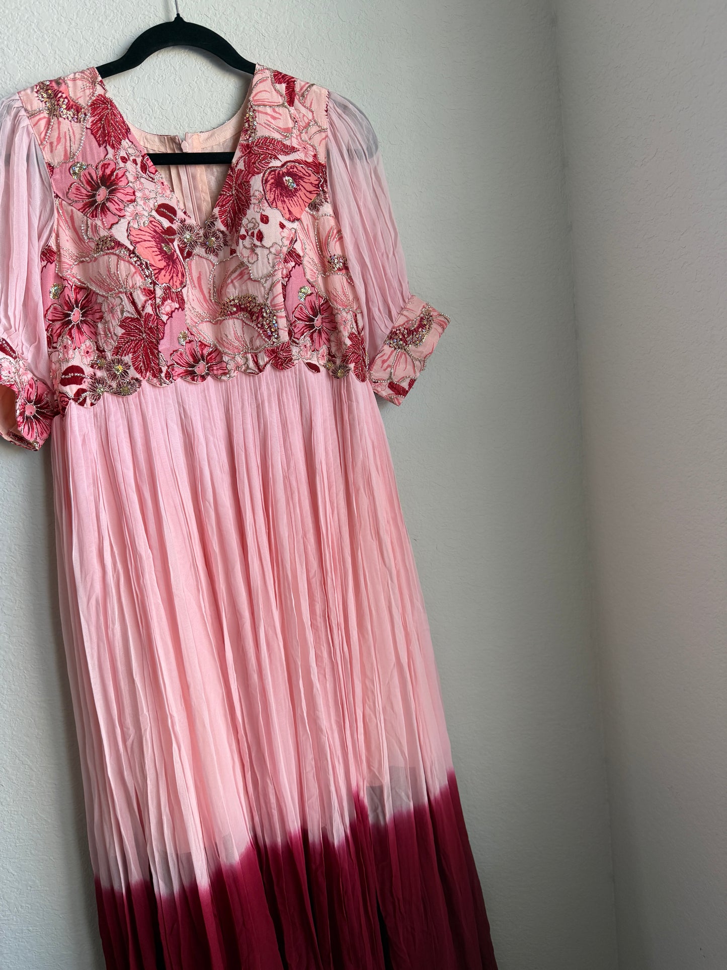 Peach with maroon dual shade long anarkali pleated dress