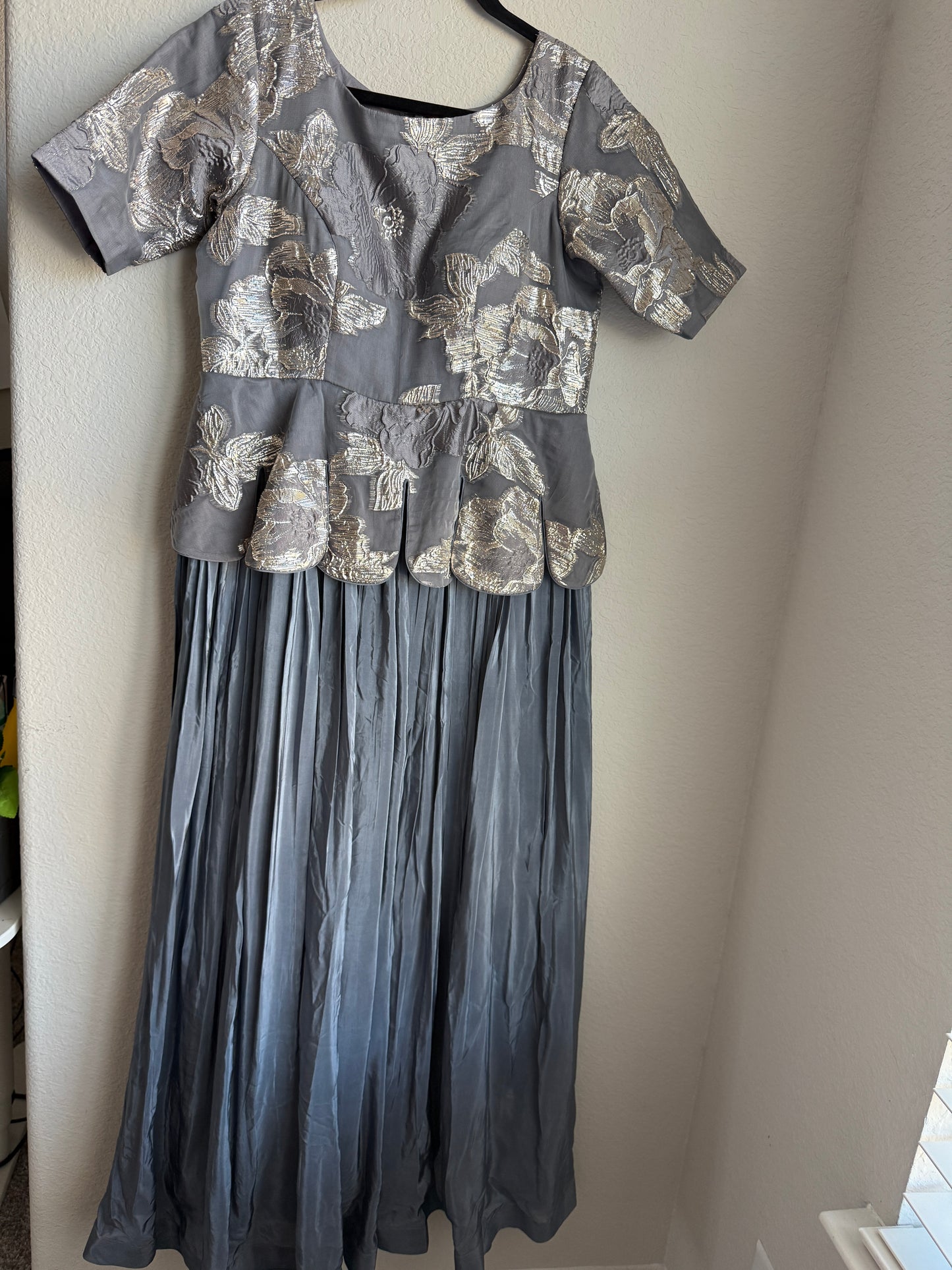 Gray Elegant Peplum Style Long Anarkali Dress with Silver Floral Embroidery
