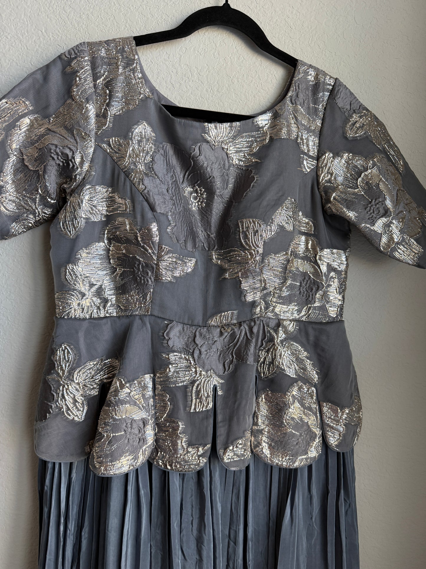 Gray Elegant Peplum Style Long Anarkali Dress with Silver Floral Embroidery