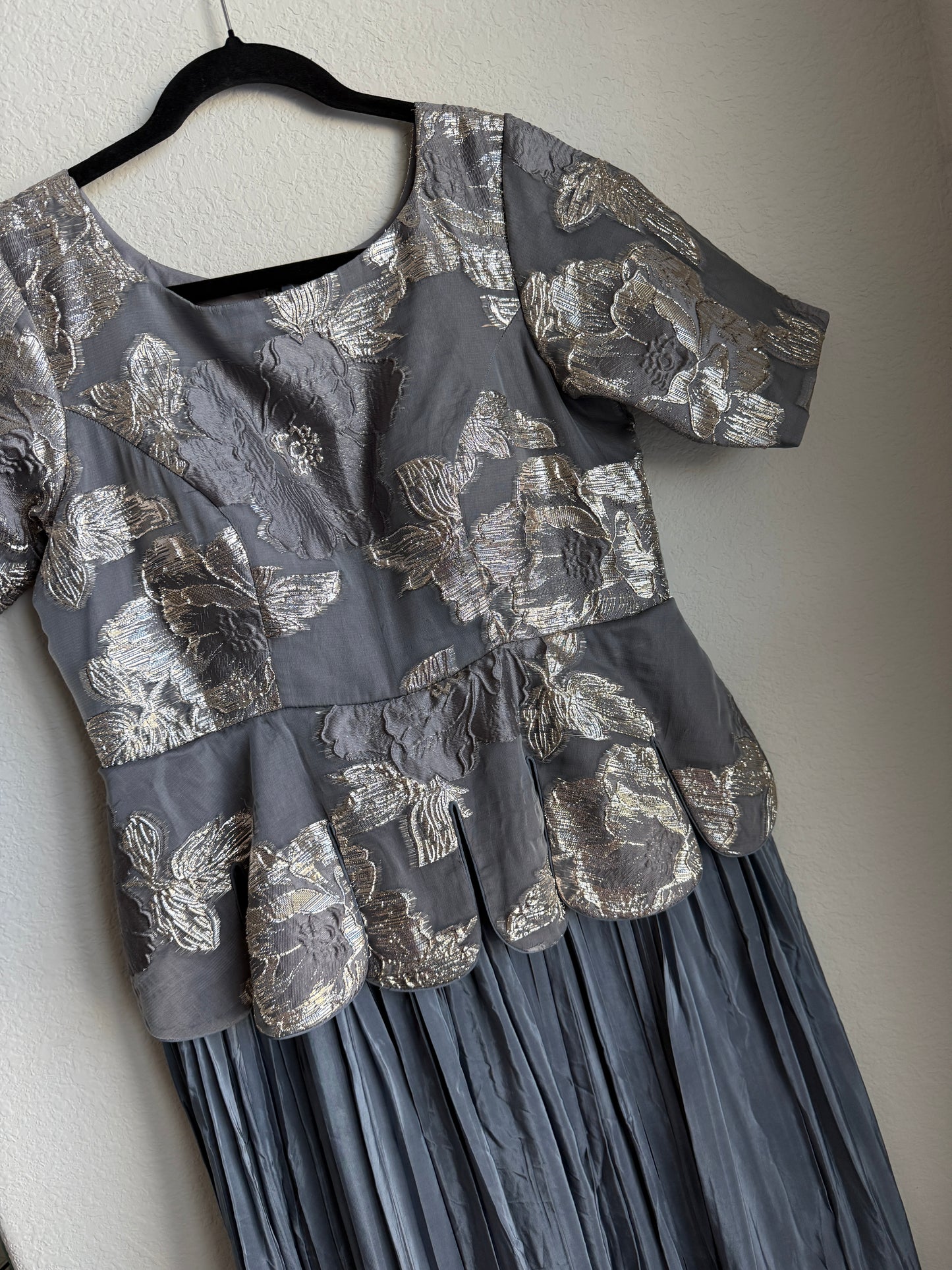 Gray Elegant Peplum Style Long Anarkali Dress with Silver Floral Embroidery