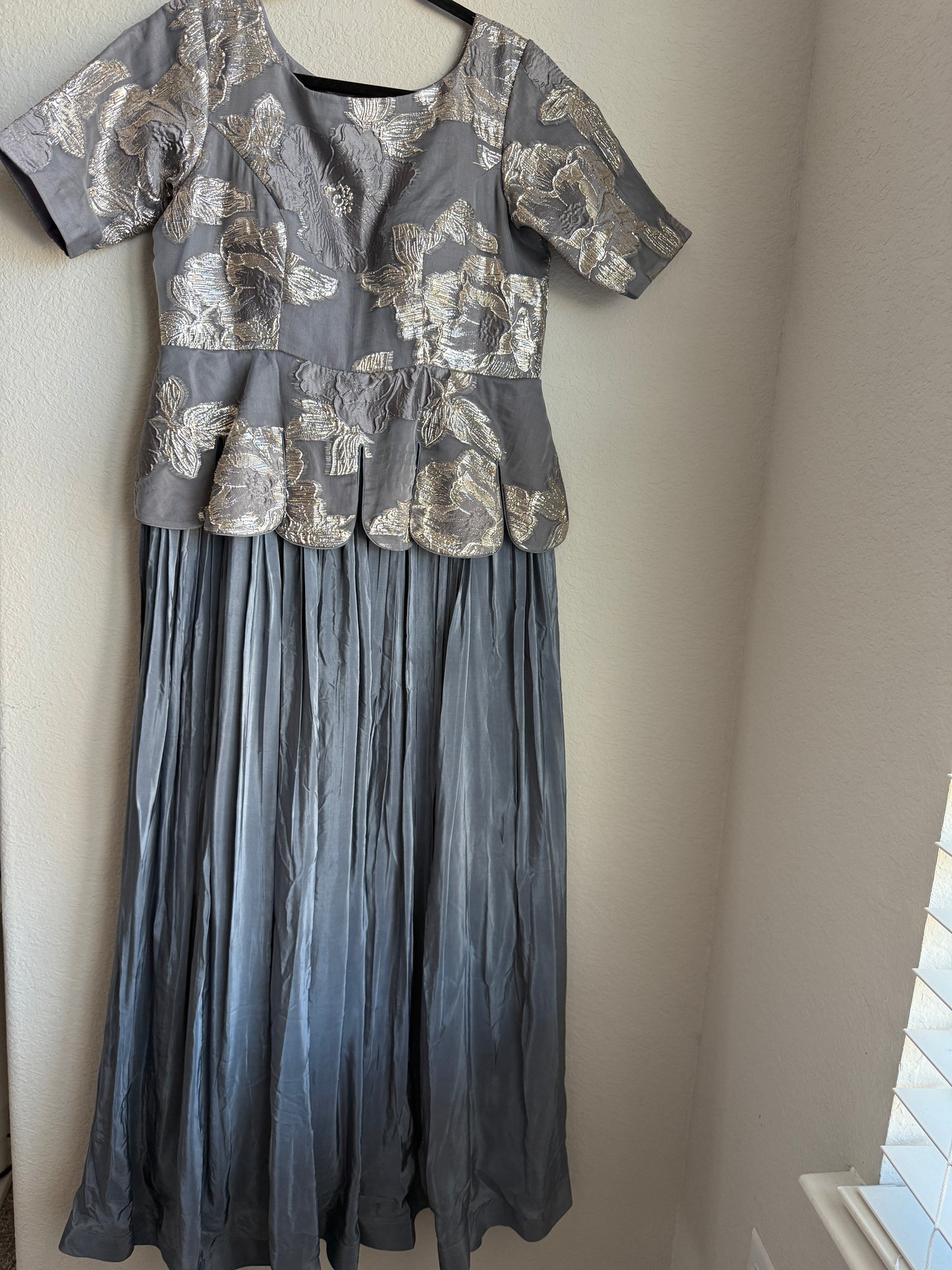 Gray Elegant Peplum Style Long Anarkali Dress with Silver Floral Embroidery