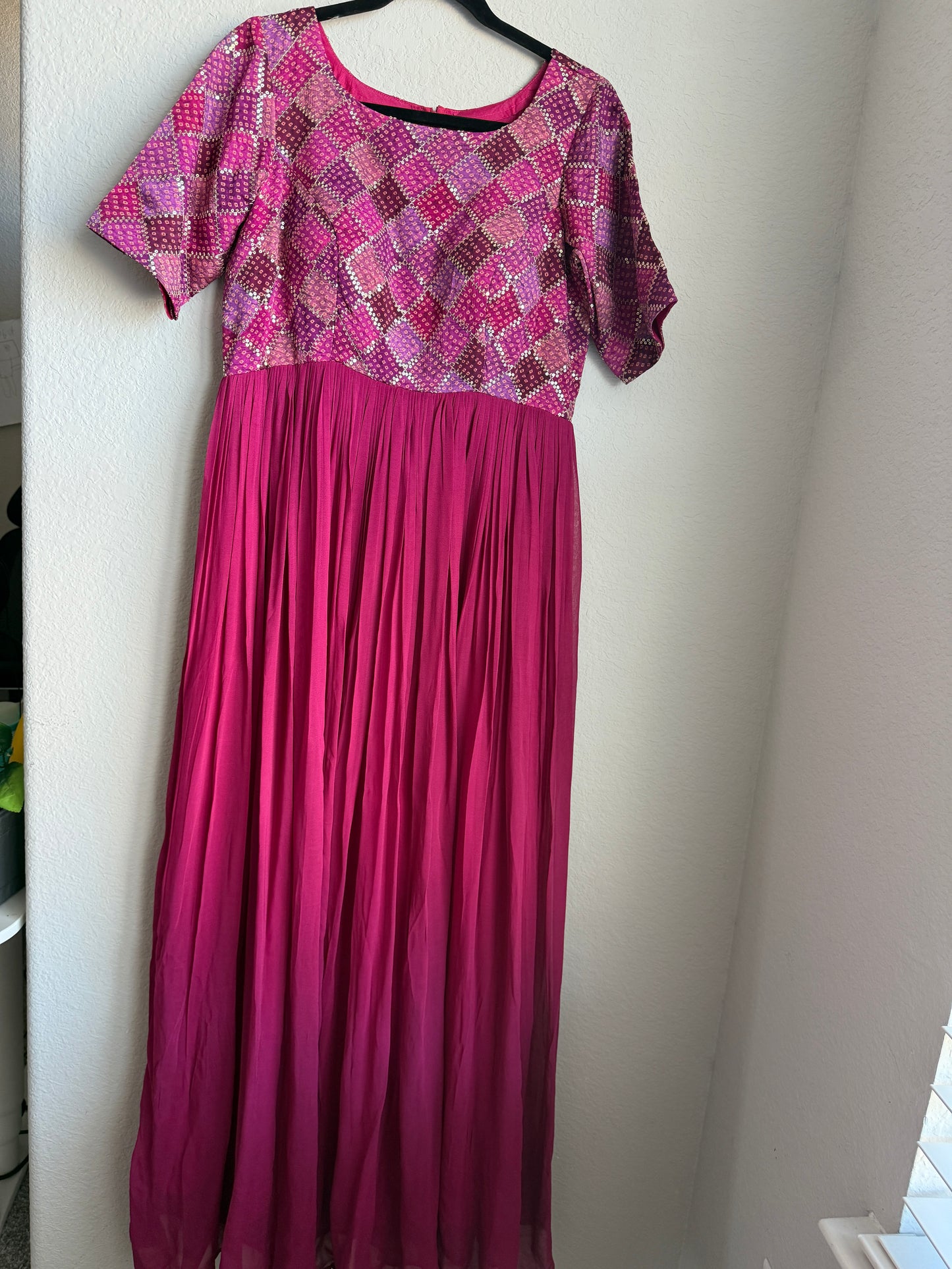 Pink georgette long anarkali dress - designer yolk sequin detailing