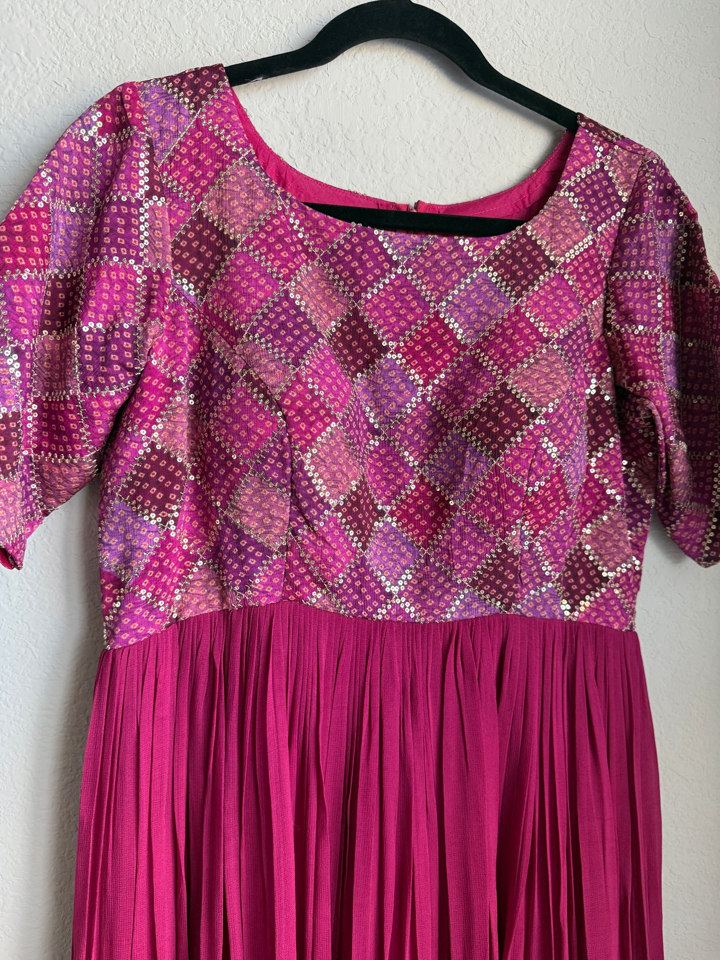 Pink georgette long anarkali dress - designer yolk sequin detailing