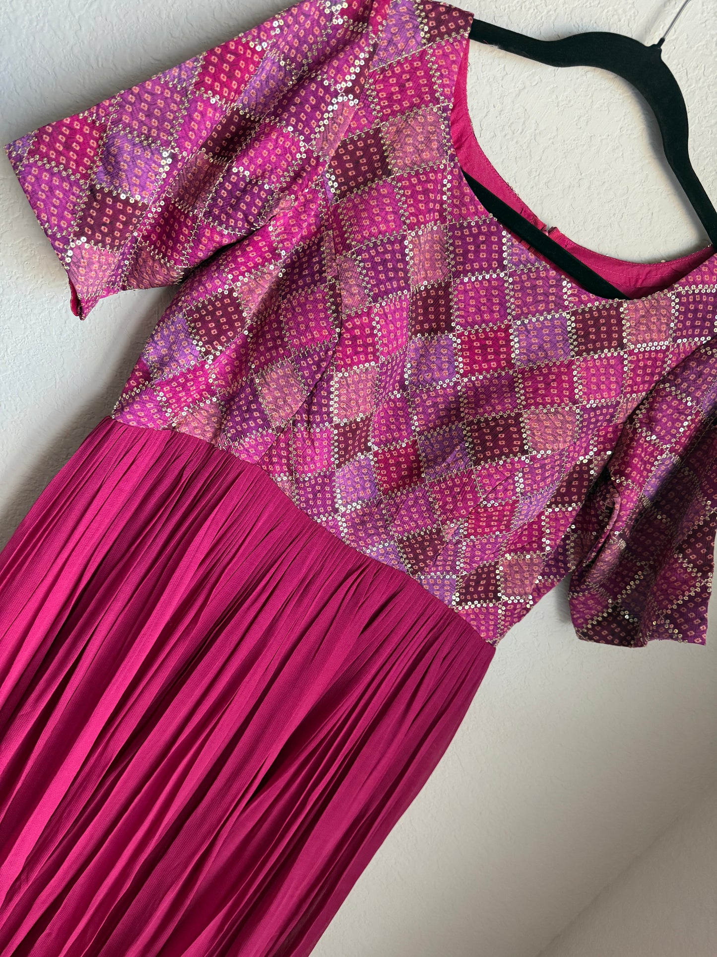 Pink georgette long anarkali dress - designer yolk sequin detailing