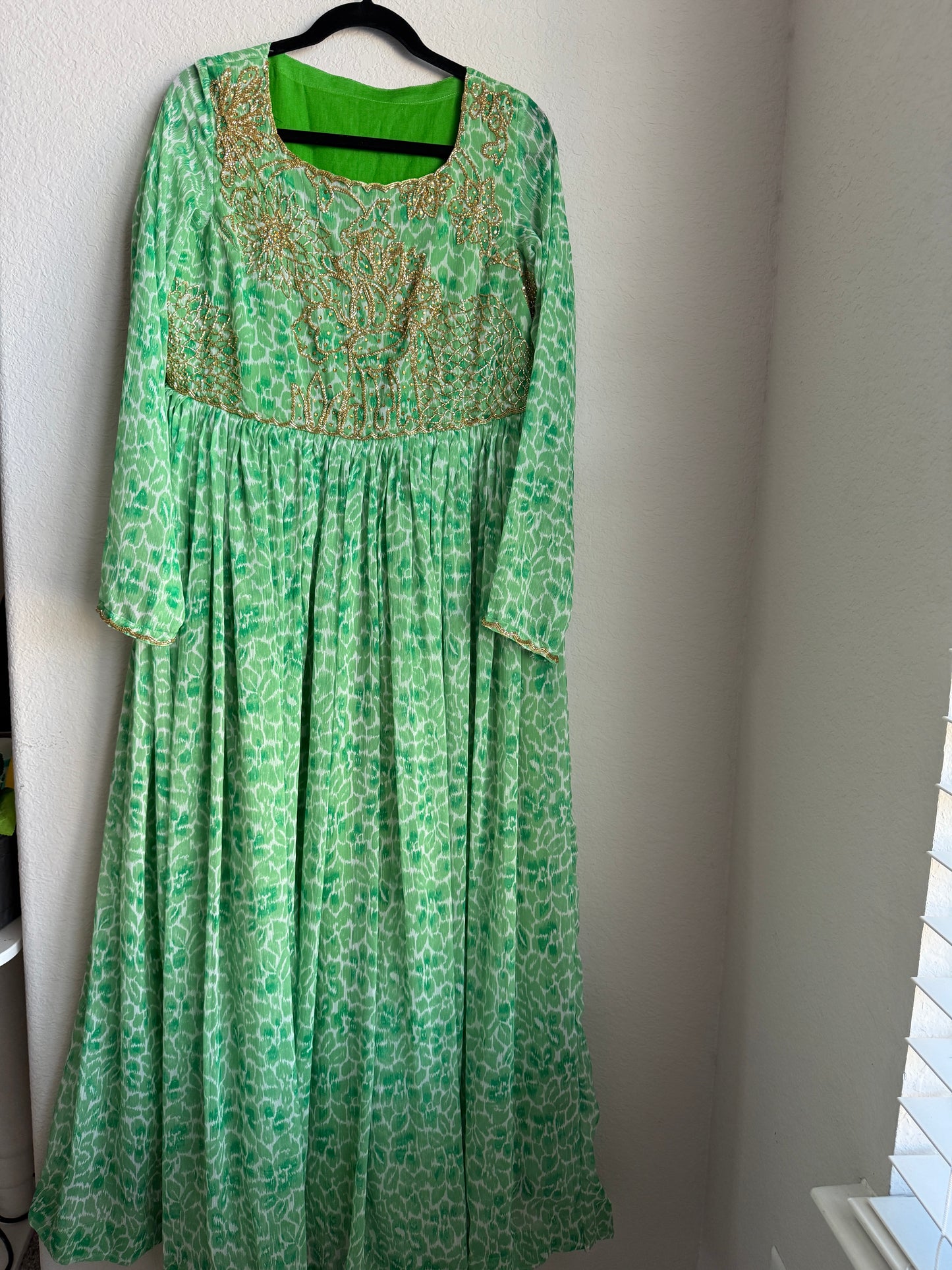 Green georgette long full sleeve maggam work anarkali dress