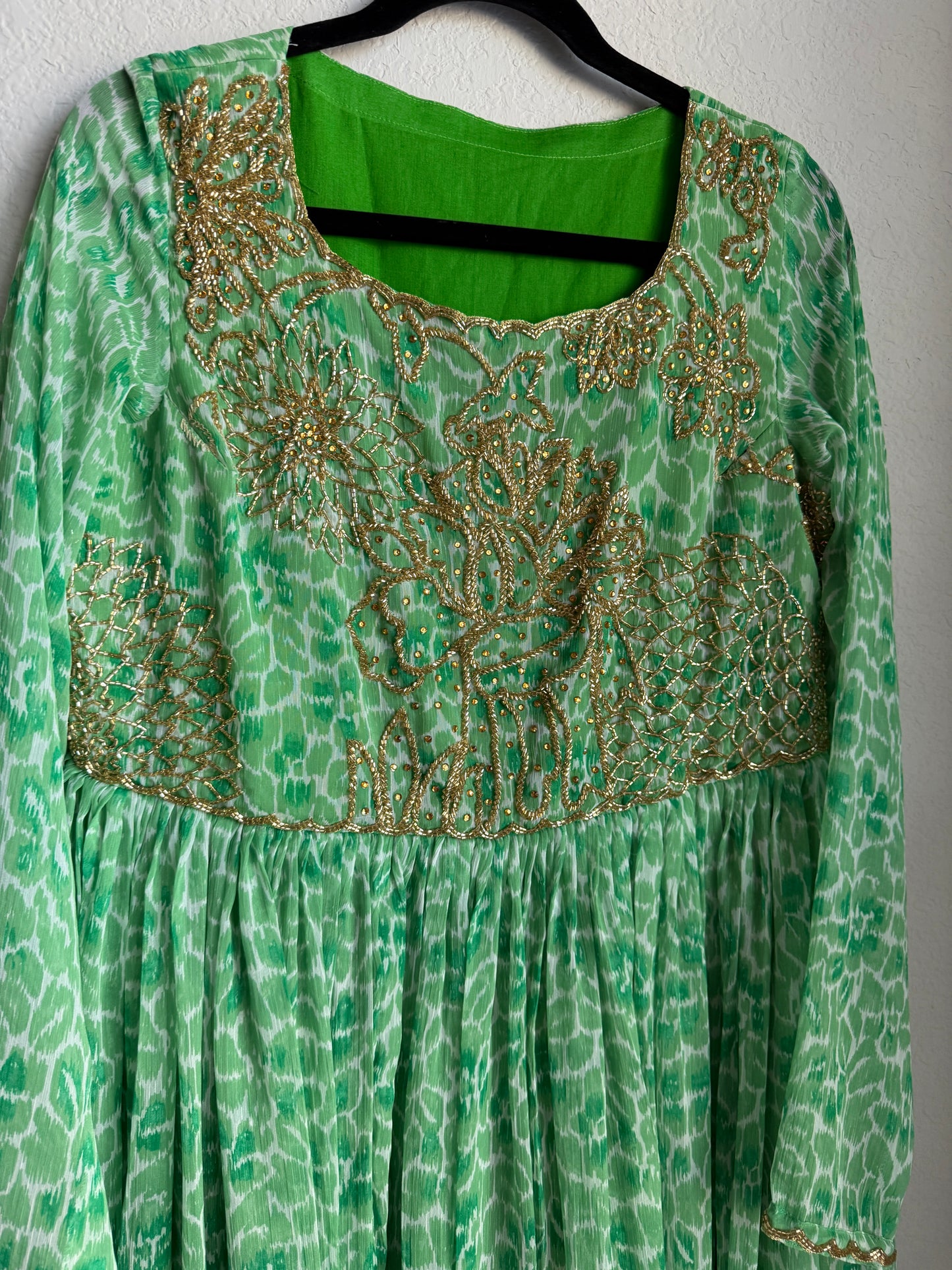Green georgette long full sleeve maggam work anarkali dress