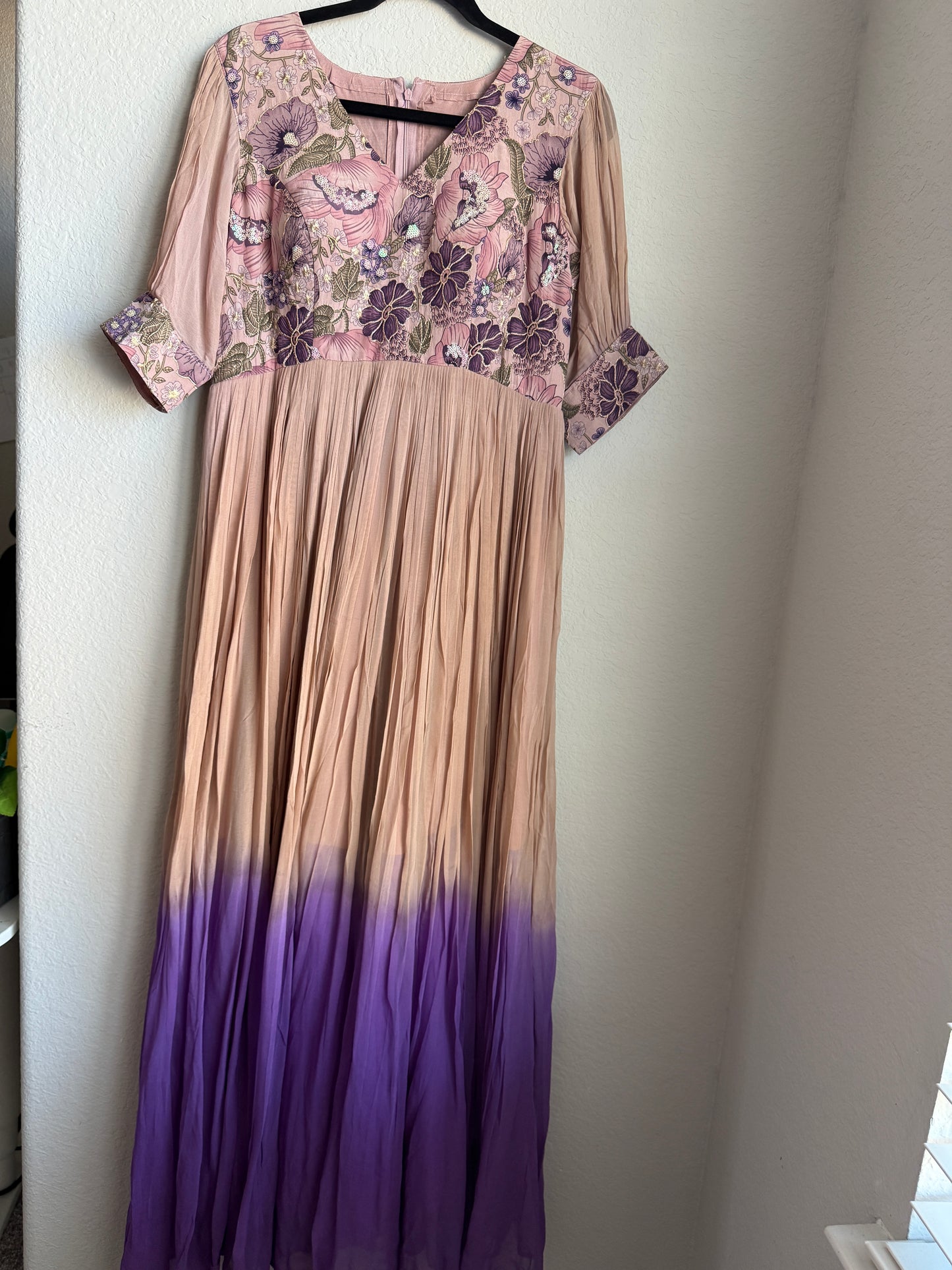 Brown with Lavendar dual shade georgette pleated designer long anarkali dress