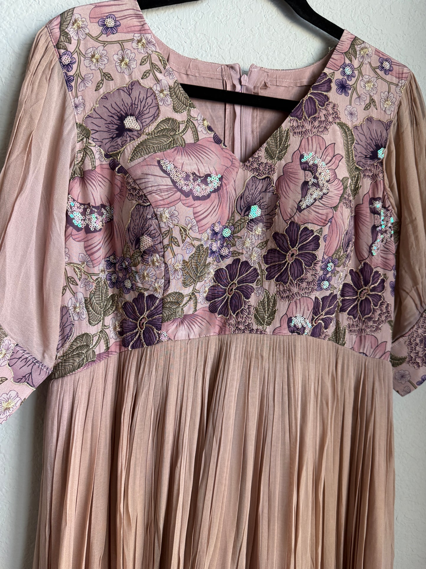 Brown with Lavendar dual shade georgette pleated designer long anarkali dress