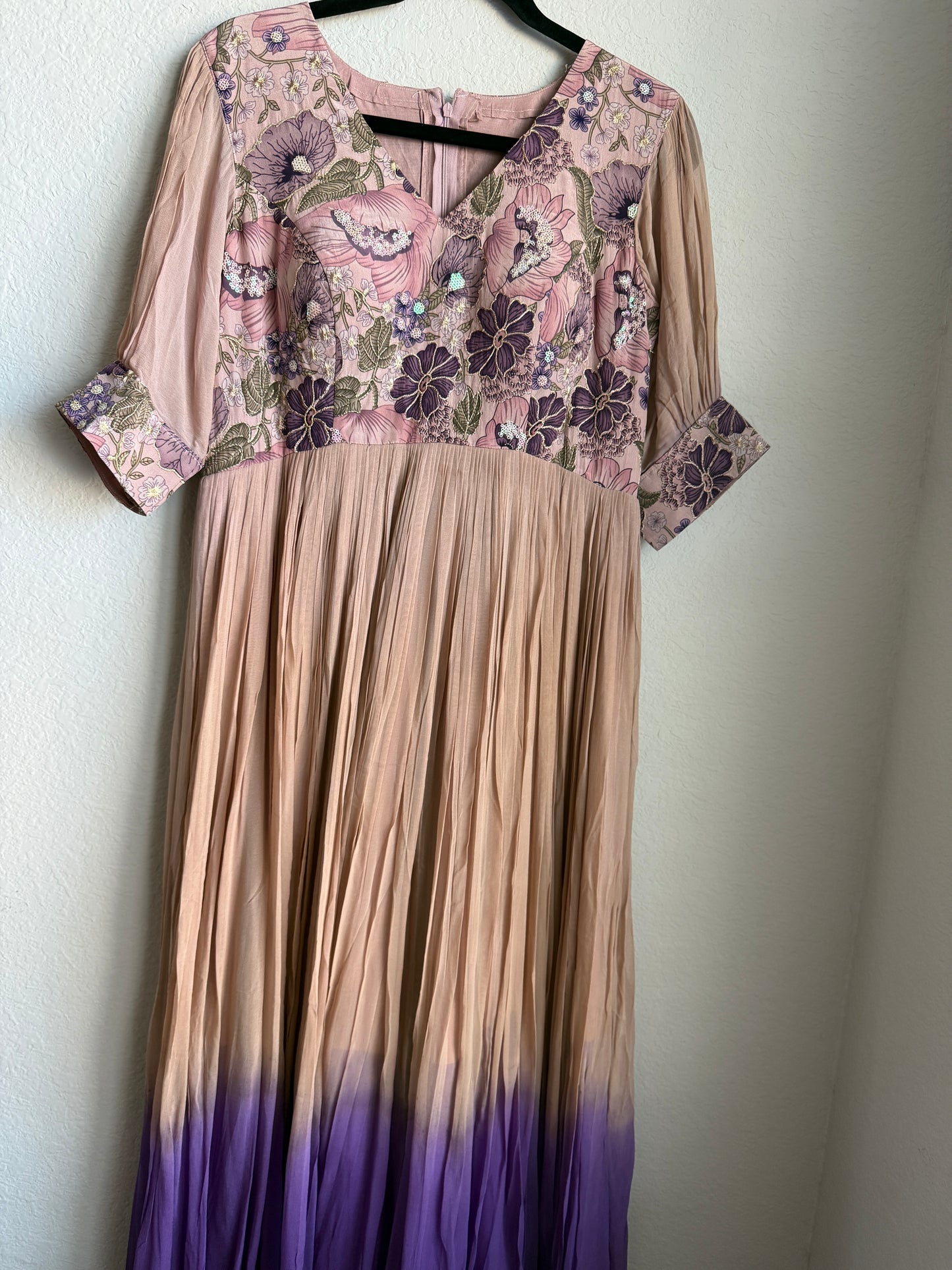 Brown with Lavendar dual shade georgette pleated designer long anarkali dress