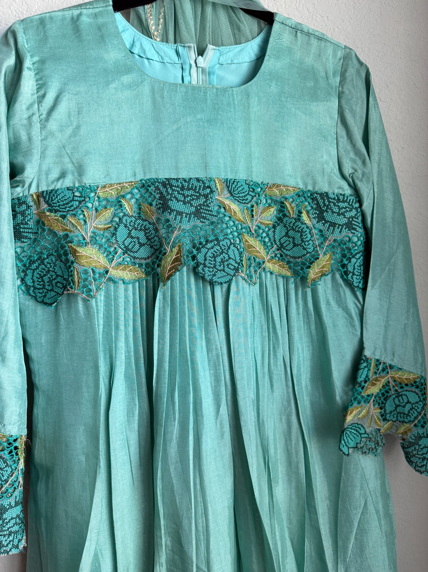 Sea green designer kurti set with net dupatta