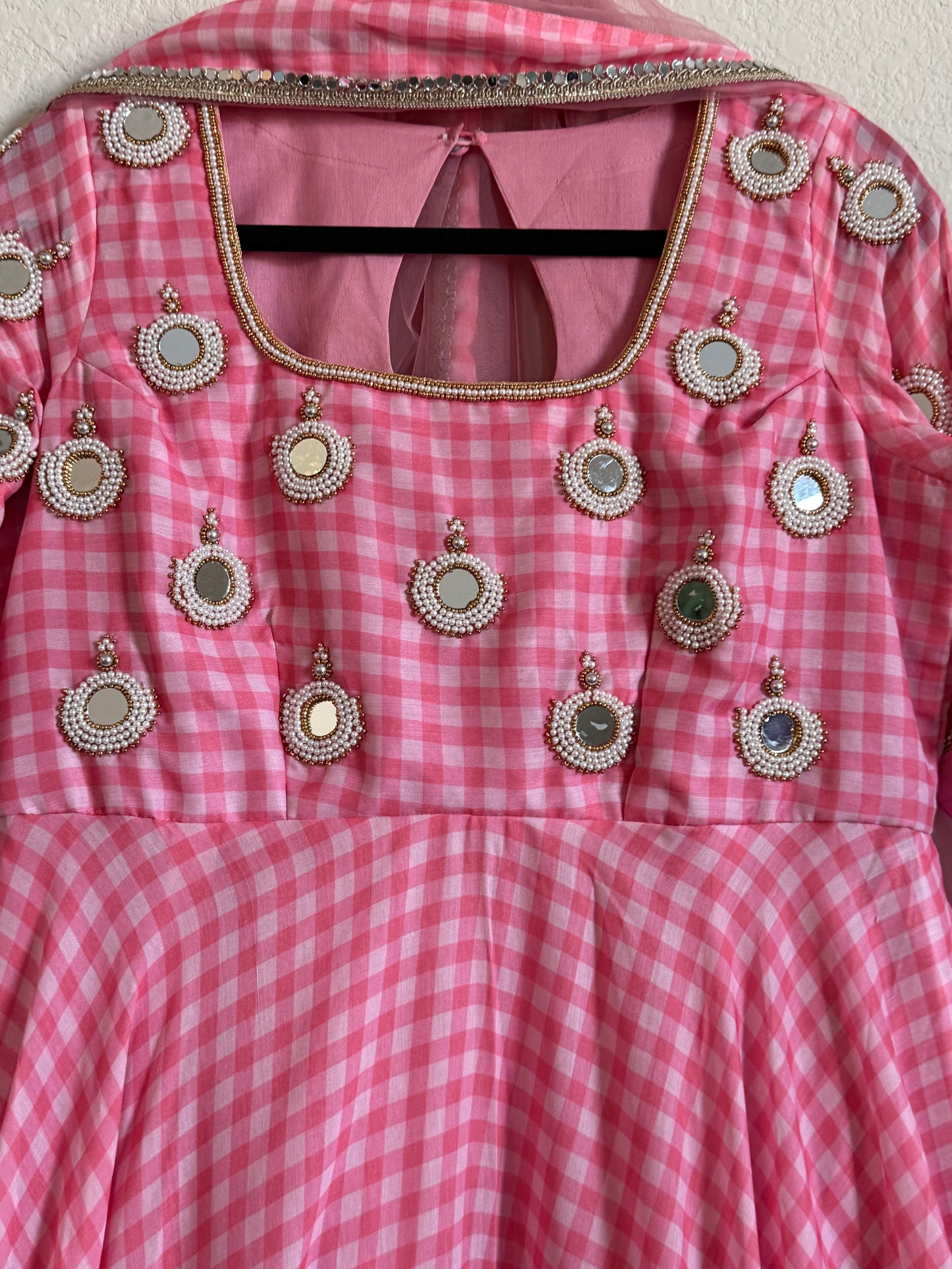 Light Pink checks heavy mirror work anarkali set - top with dupatta