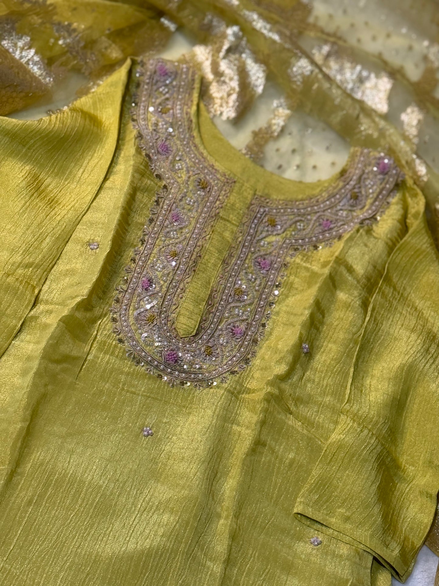 Beautiful yellow shade crush tissue kurti set with banaras dupatta