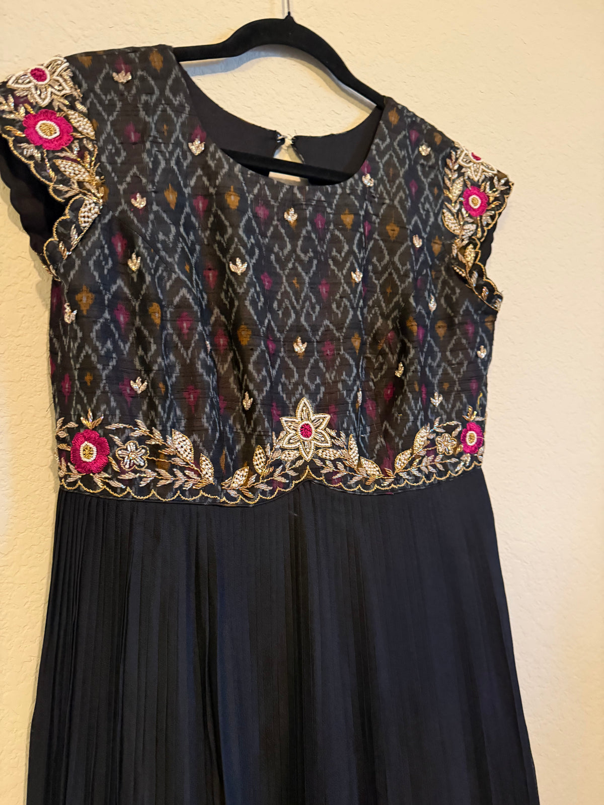 Black Raw Silk Ikkath Maggam Work Designer Long Dress with Short Sleeve