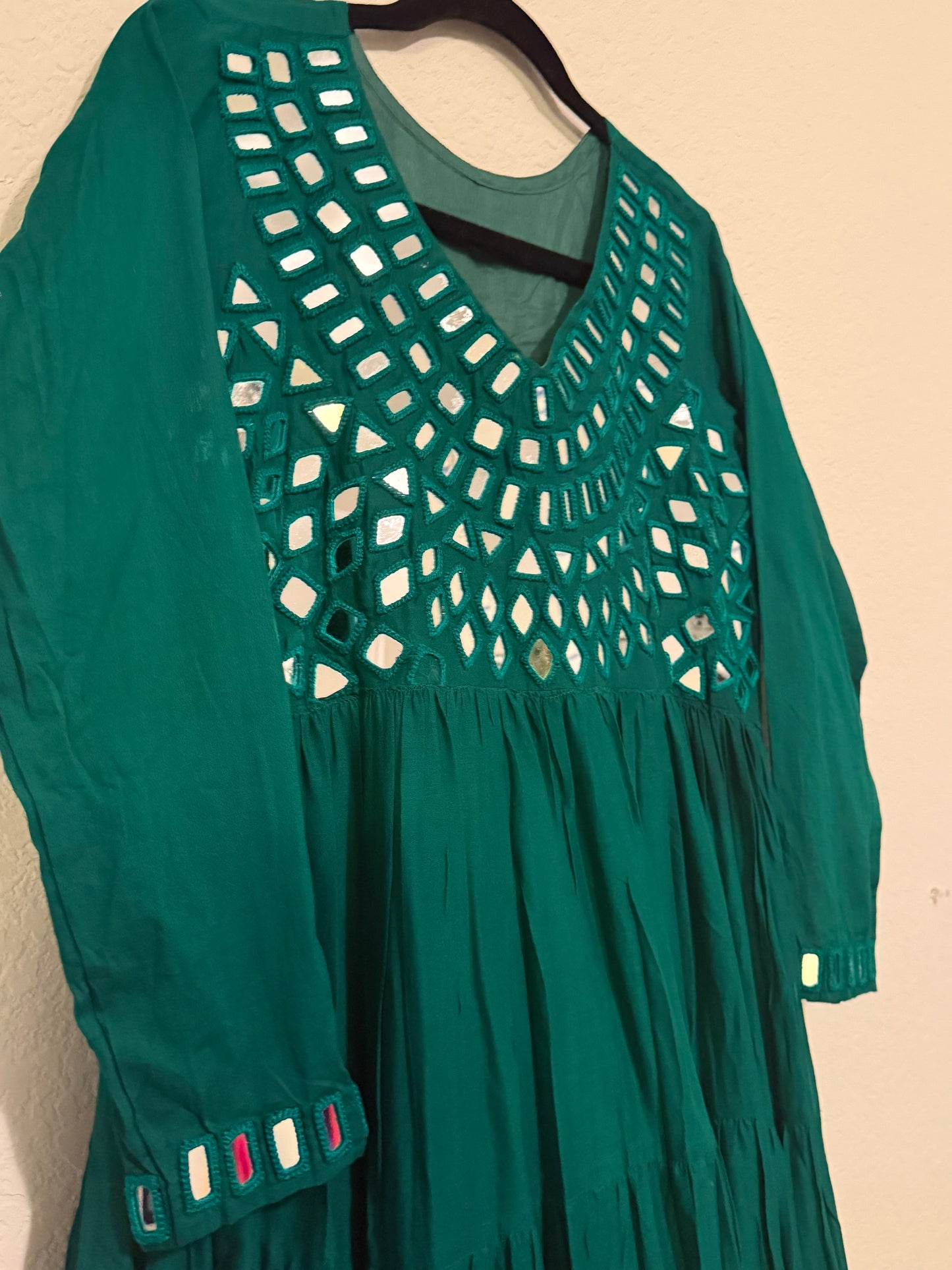 Green Handwork Mirror Work Heavy Flared Anarkali Long Dress