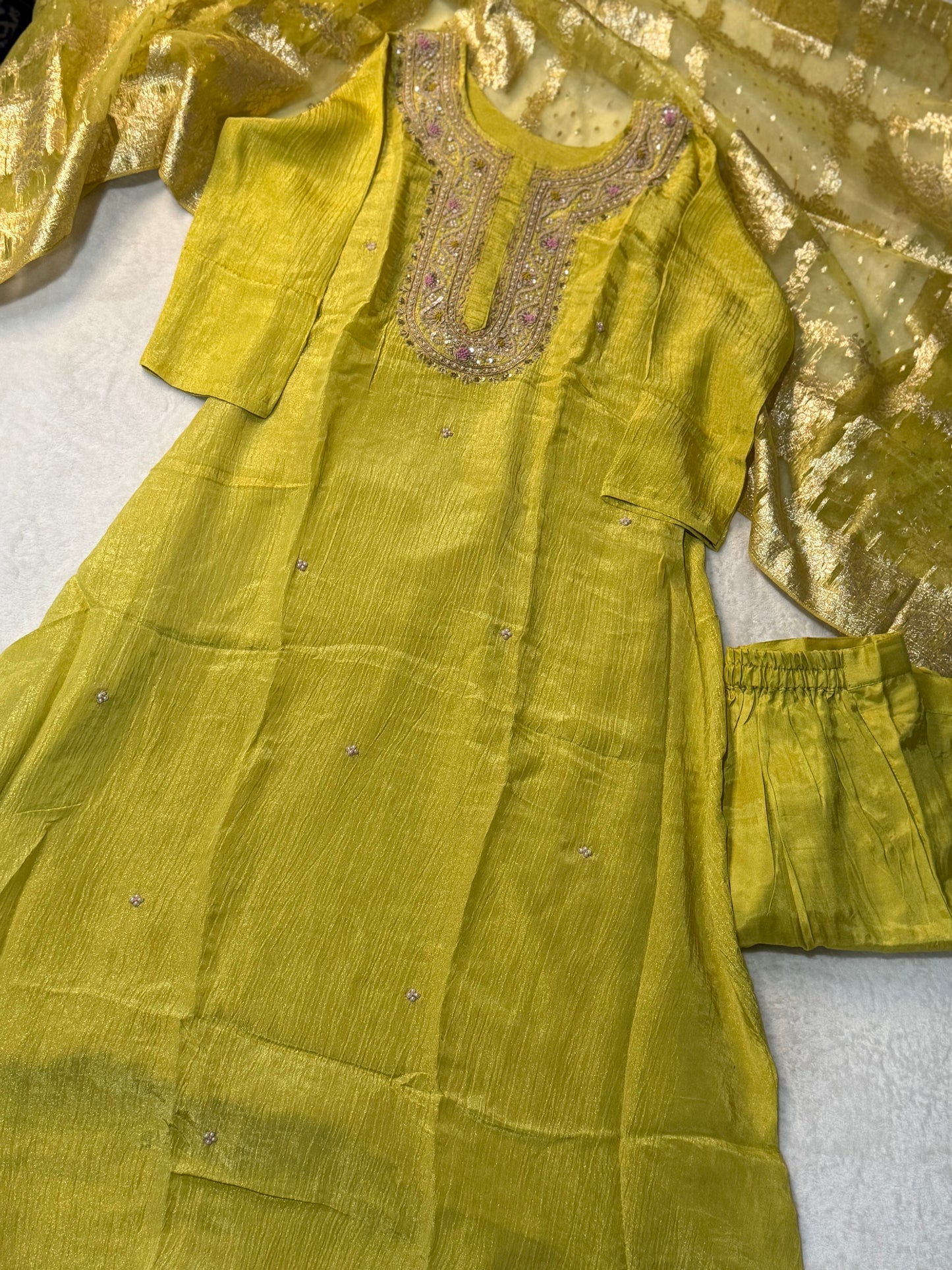 Beautiful yellow shade crush tissue kurti set with banaras dupatta