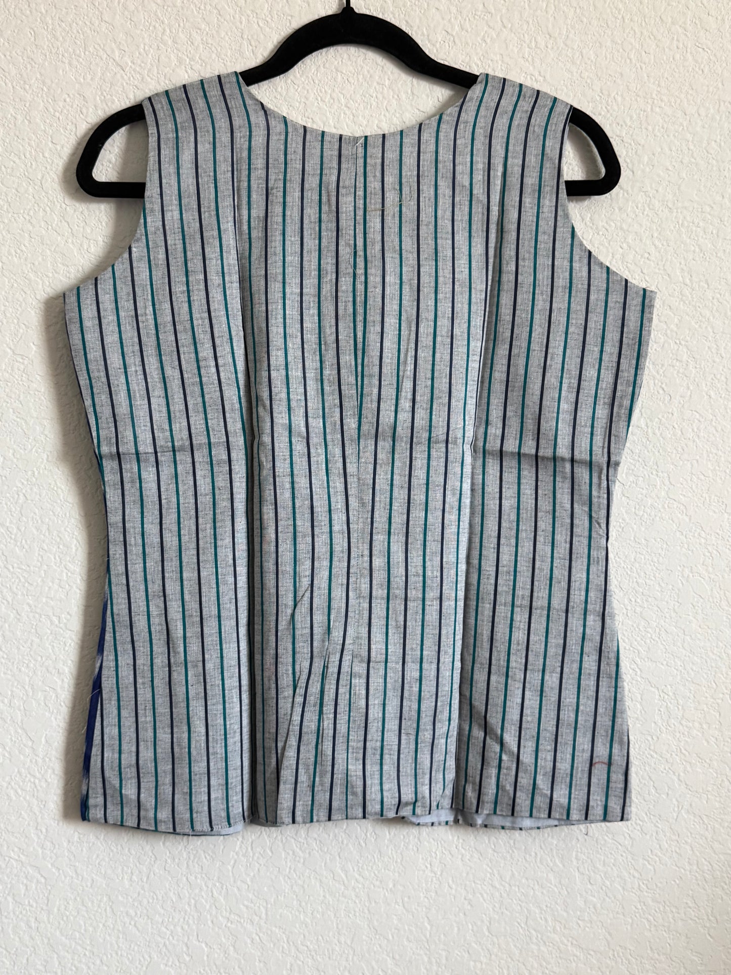 Gray and Blue Cotton Ikkath Sleeveless Short Top