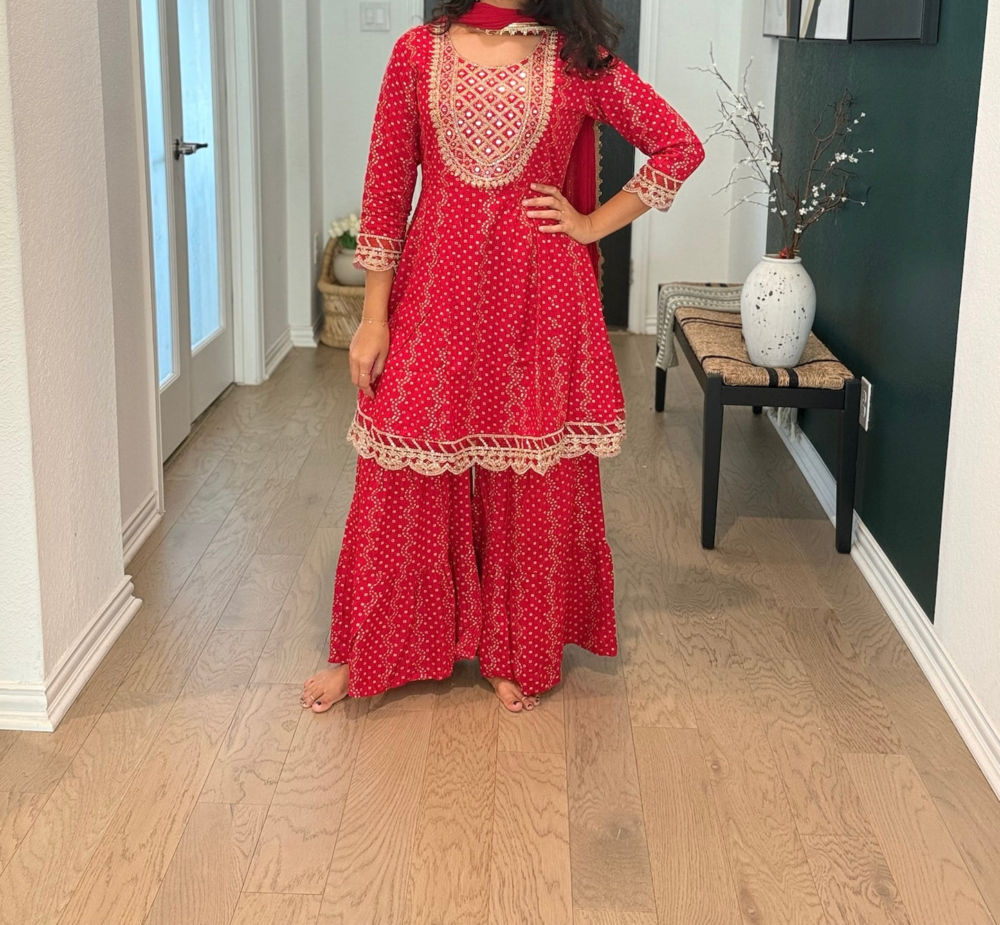 Red bandhini sharara set