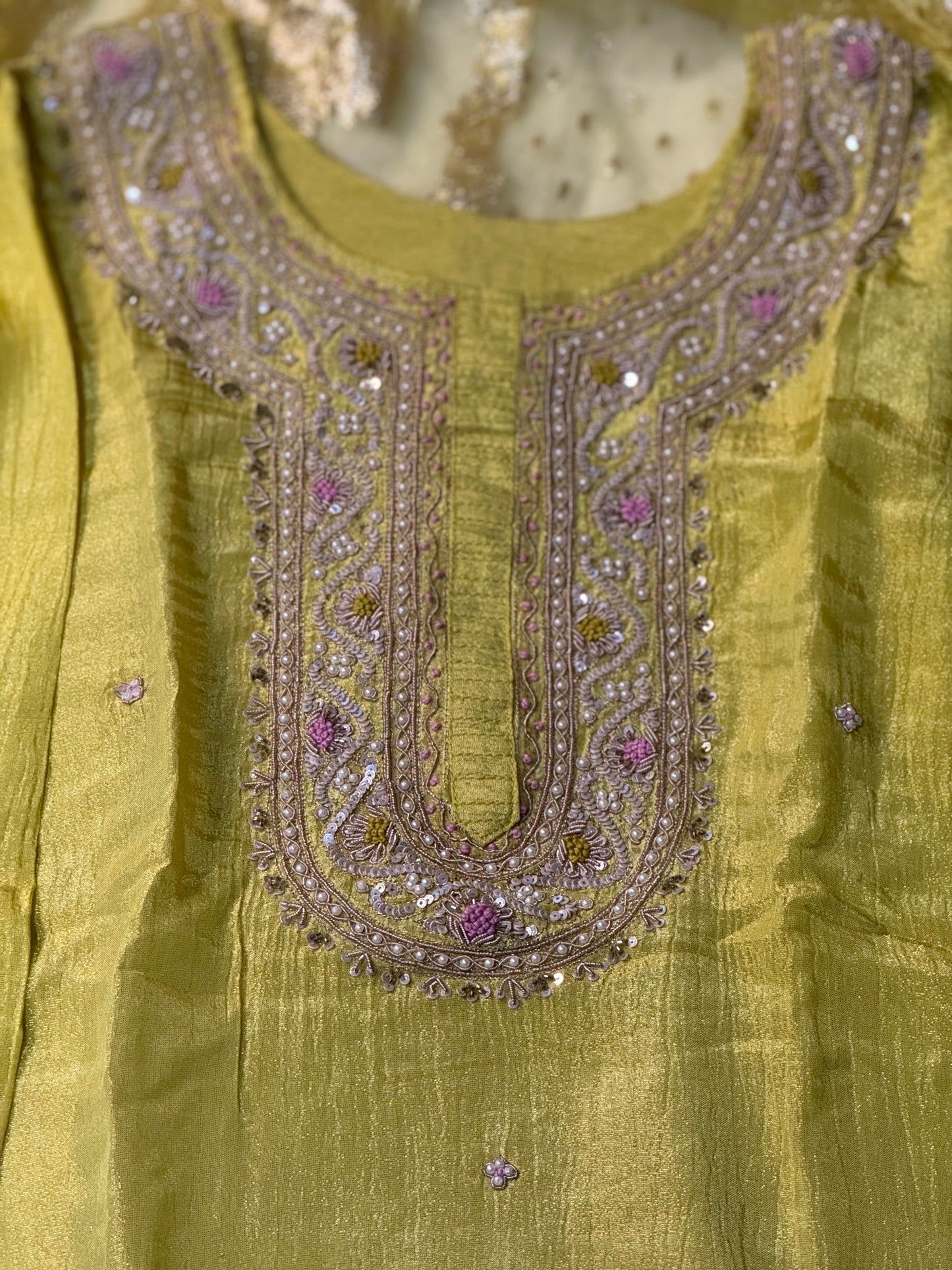 Beautiful yellow shade crush tissue kurti set with banaras dupatta