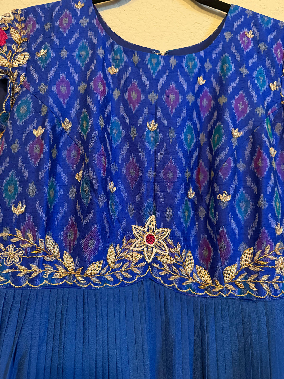 Blue Raw Silk Ikkath Maggam Work Designer Long Dress with Short Sleeve
