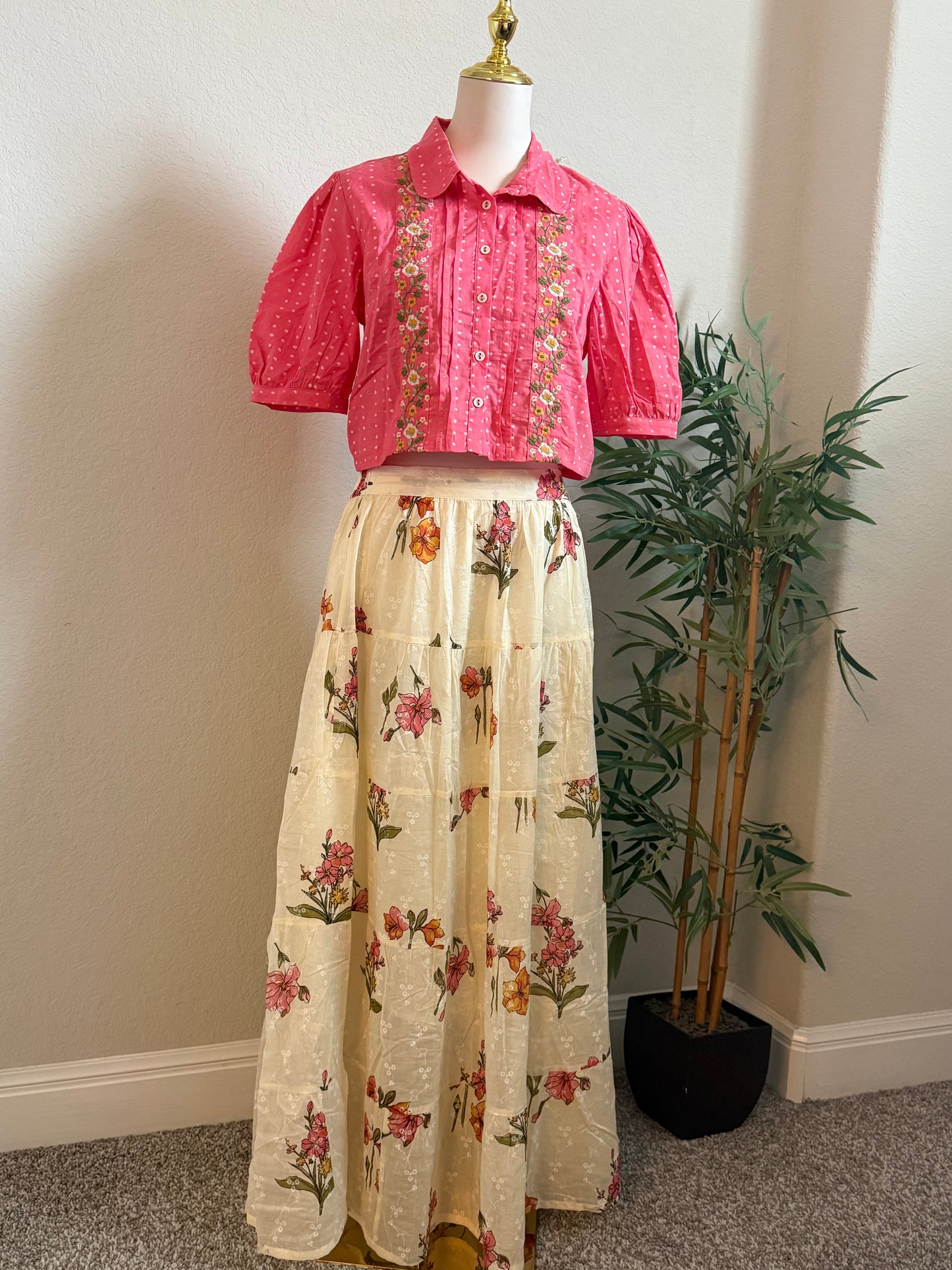 Pink crop top with white floral skirt