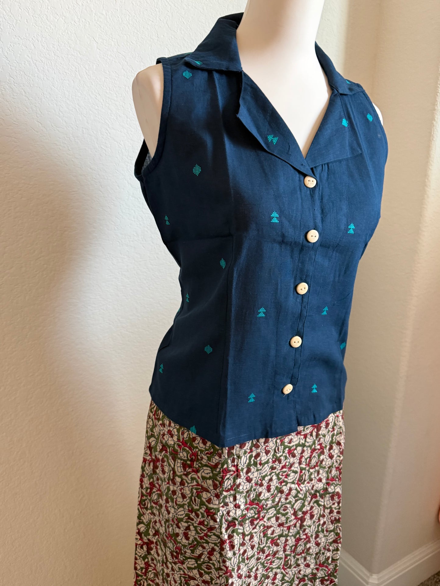 Blue Cotton Top with Kalamkari Long Skirt