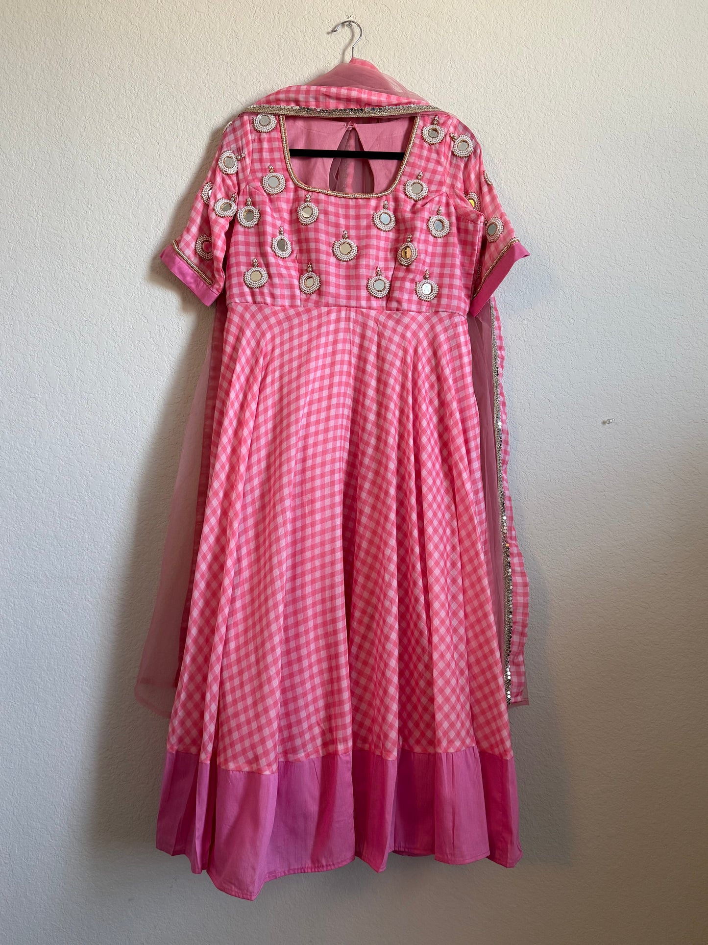 Light Pink checks heavy mirror work anarkali set - top with dupatta