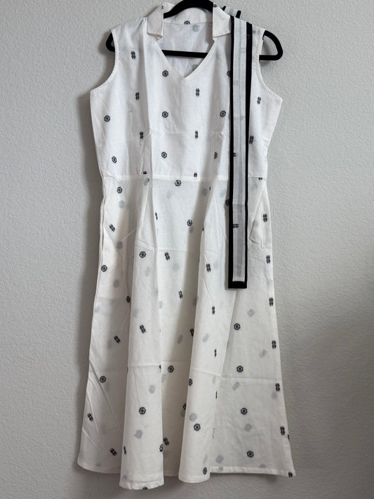 White and Black Sleeveless Cotton Dress with Belt - Sleeves available