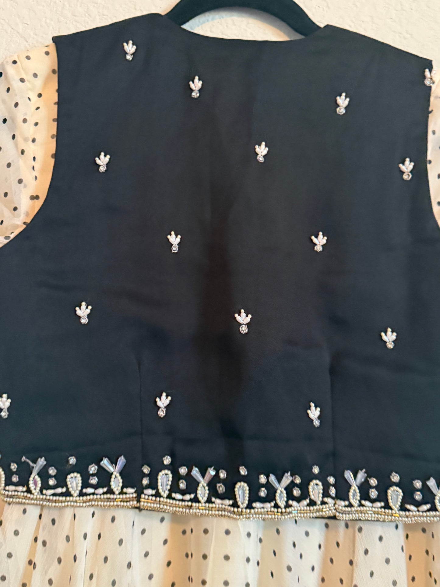 Half White Polka Dot Heavy Flared Georgette Full Sleeve Anarkali with Maggam Work Coat - Top + Dupatta