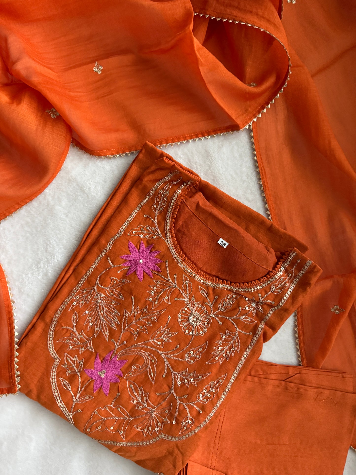 Rust Orange Mul Chanderi Straight Cut Kurti Set with Dupatta – Elegant Party & Festive Wear