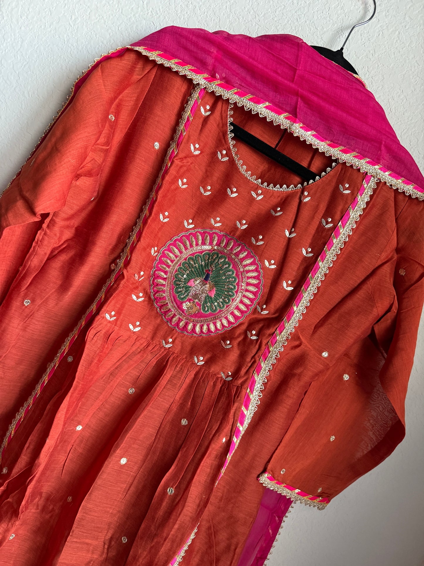 Rust orange pure mul chanderi suit set