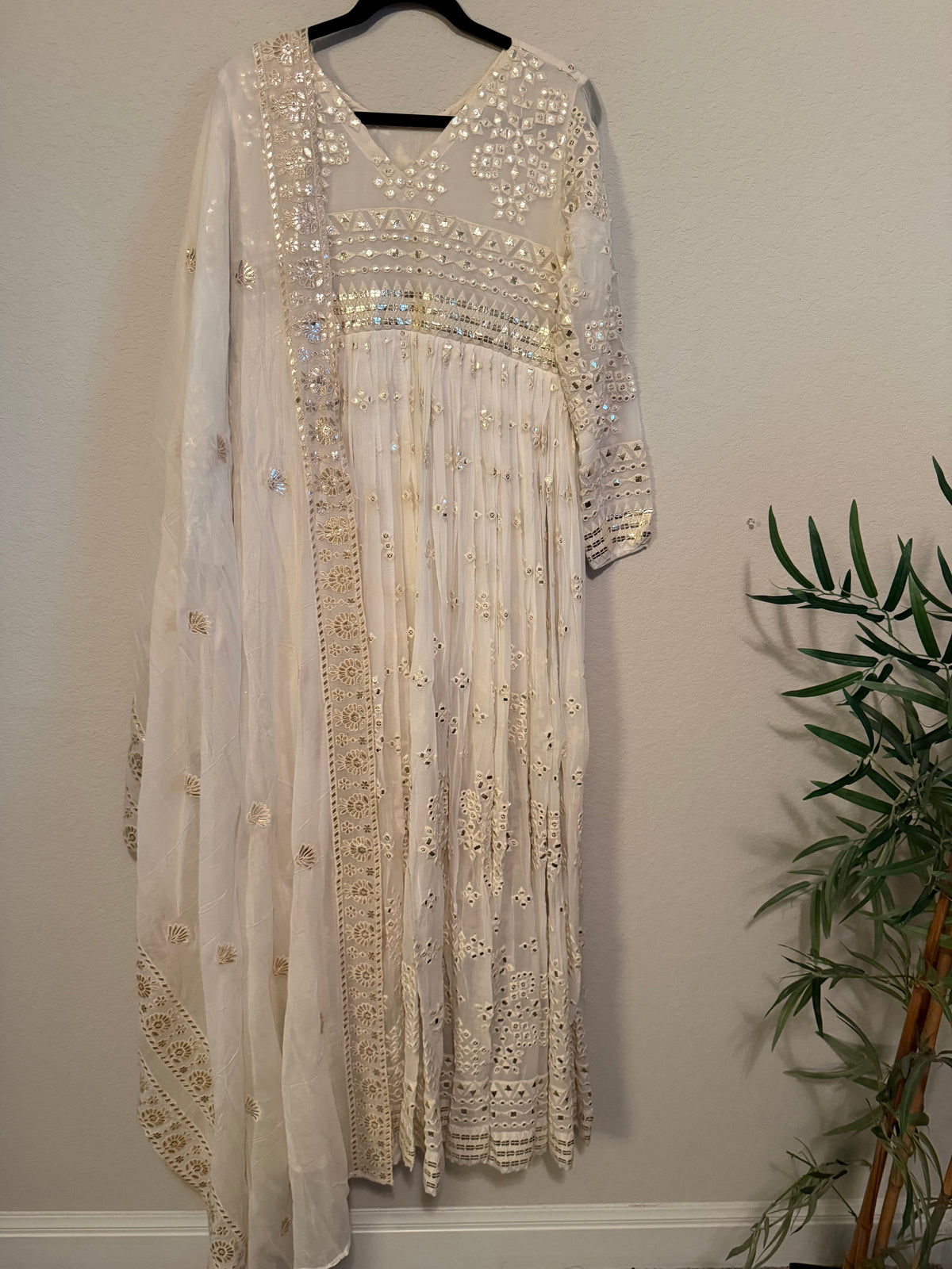 Ivory Shade Gotapatti Chikanwork Heavy Flared Long Anarkali Set - Top and Dupatta