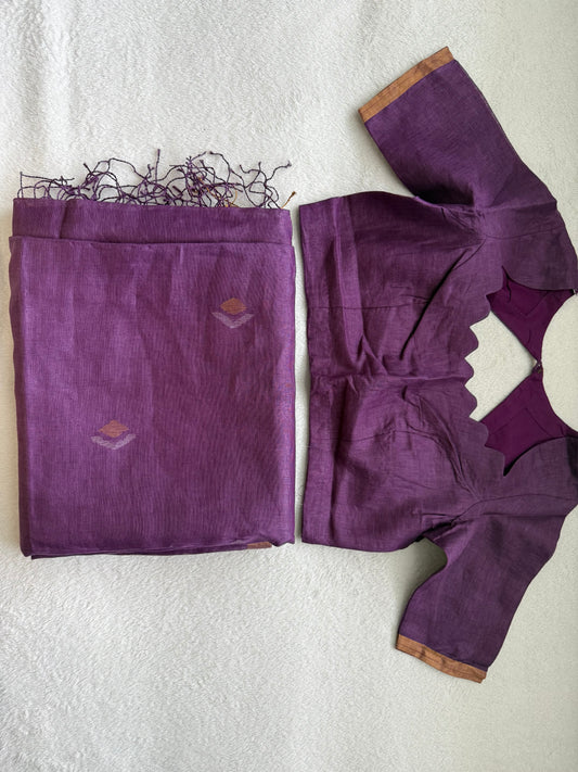 Wine Shade Lenin Handloom Jamdani Saree - with handloom mark