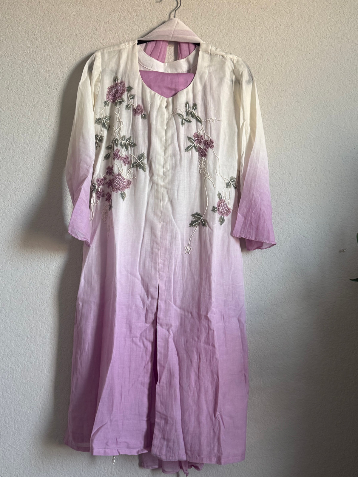 Half white and light pink mul chanderi handwork aline suit