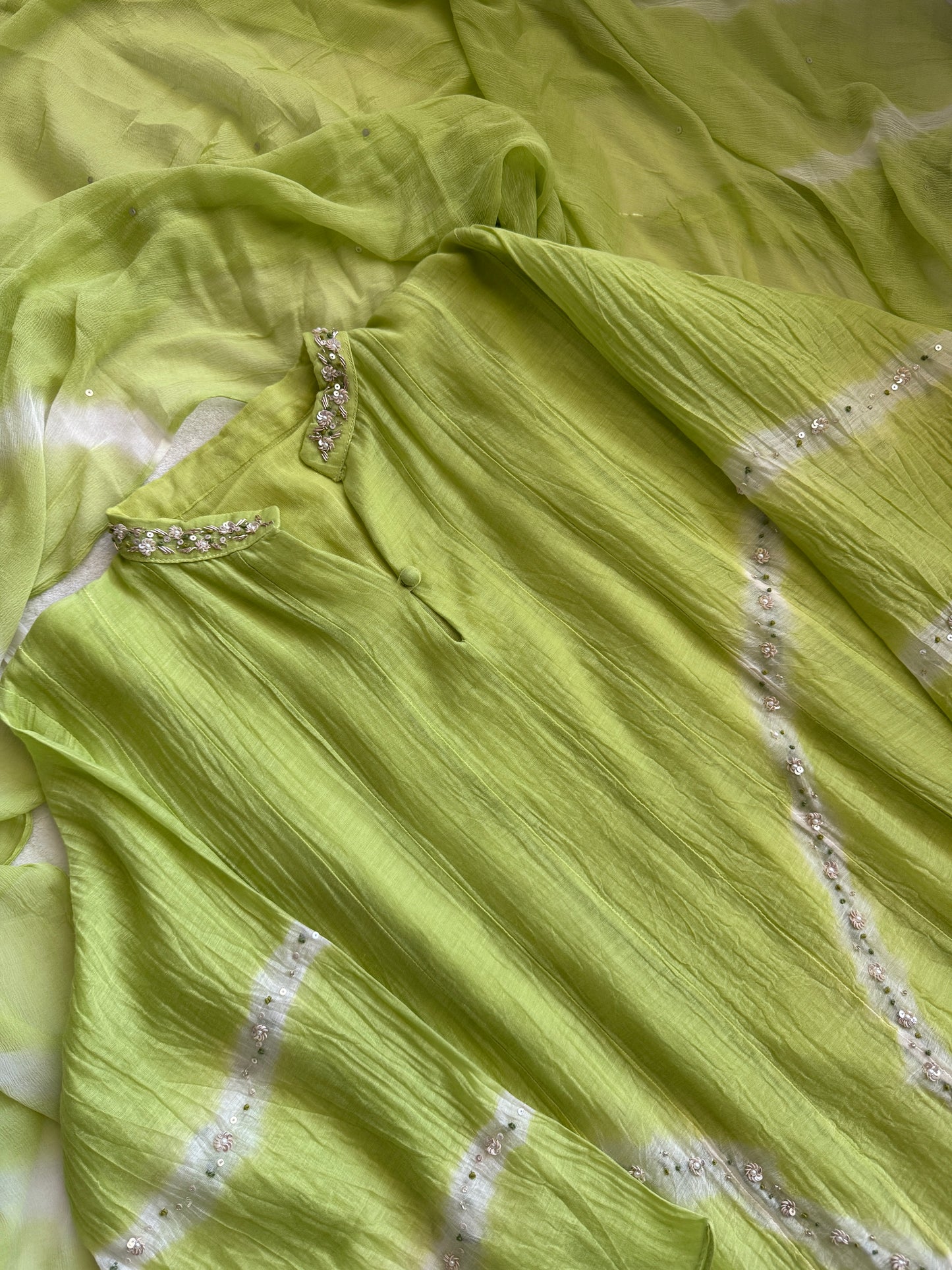 Parrot green mul chanderi A-line kurti set with chiffon dupatta