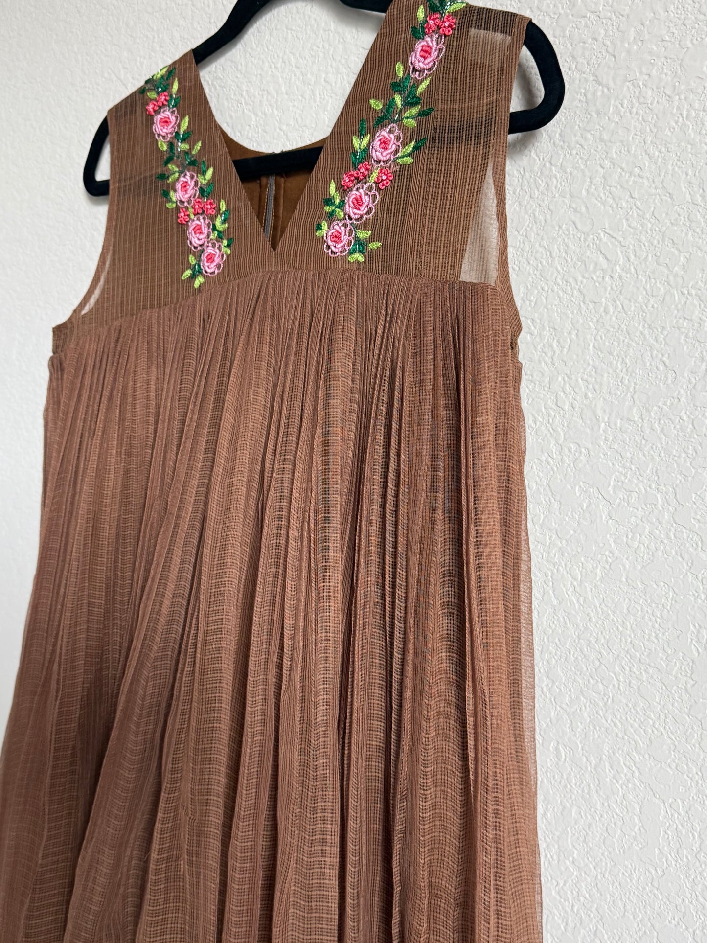 Brown Kota Sleeveless Maggam Work Dress