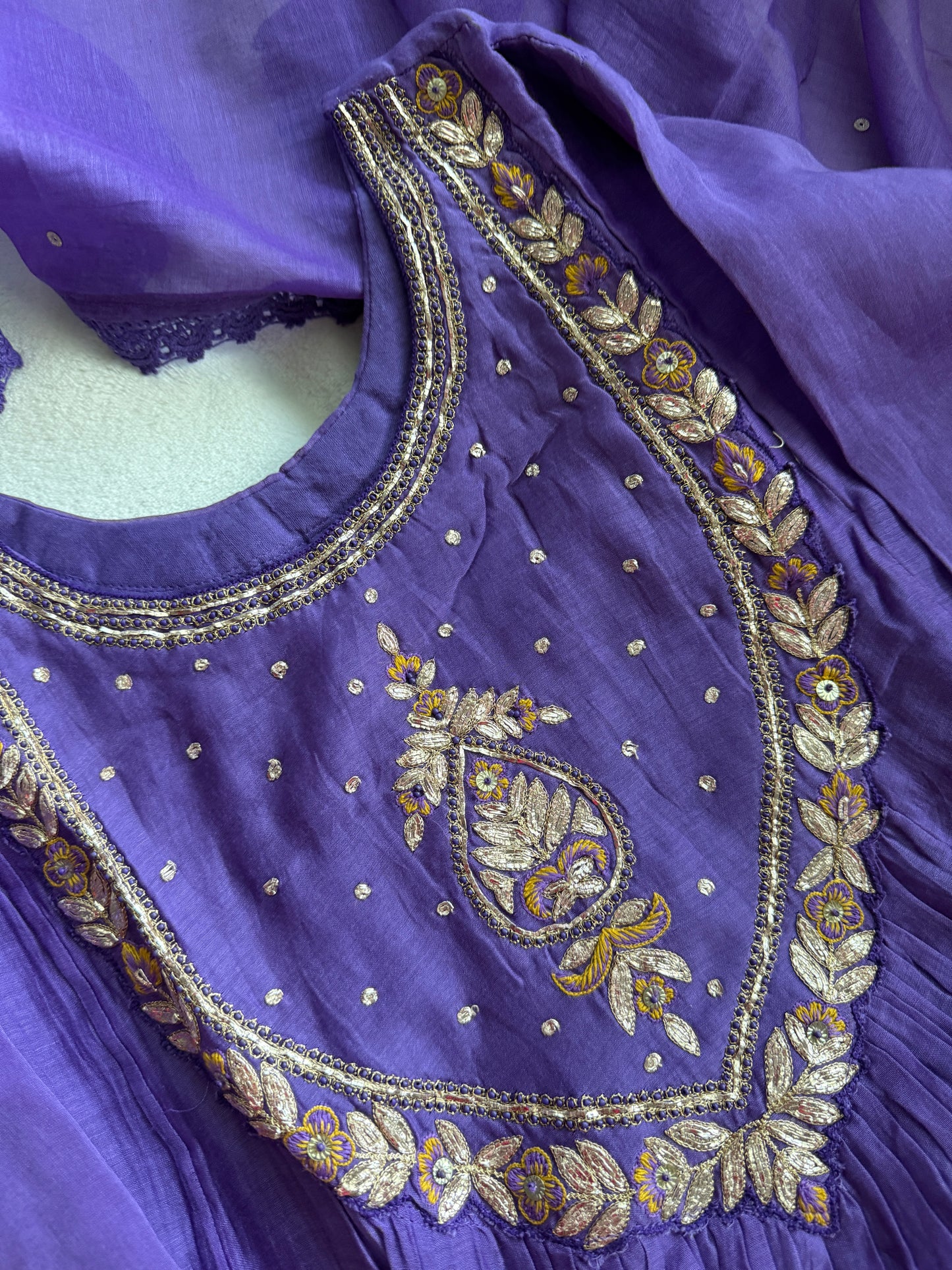 Purple mul chanderi designer A-line kurti set