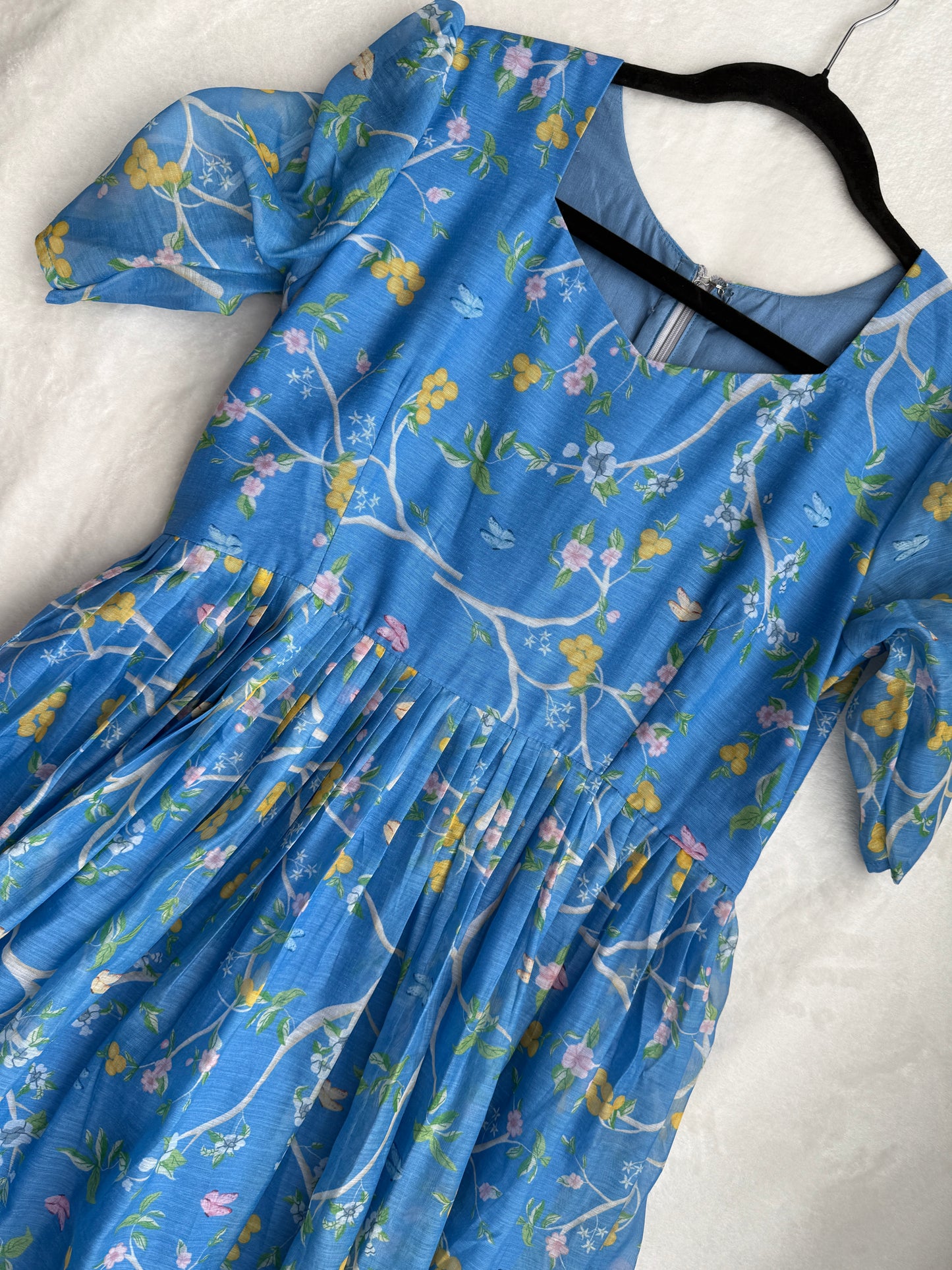 Blue floral mul chanderi midi dress