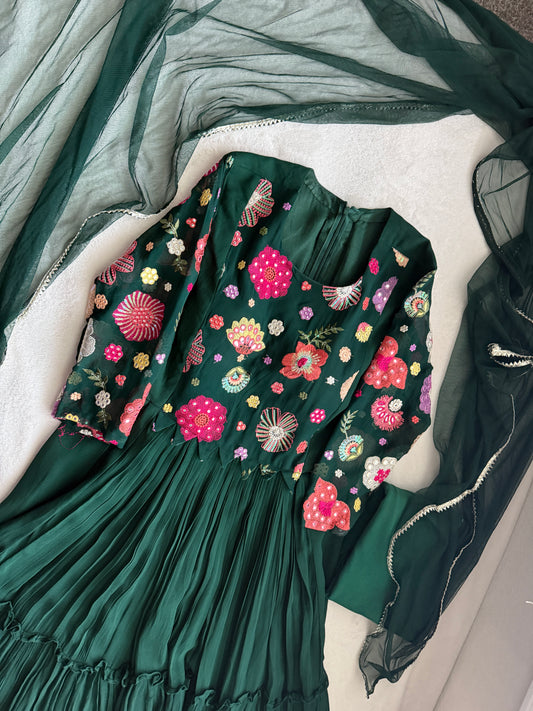 Bottle green georgette anarkali set with beautiful yolk detailing - comes with legging and net dupatta