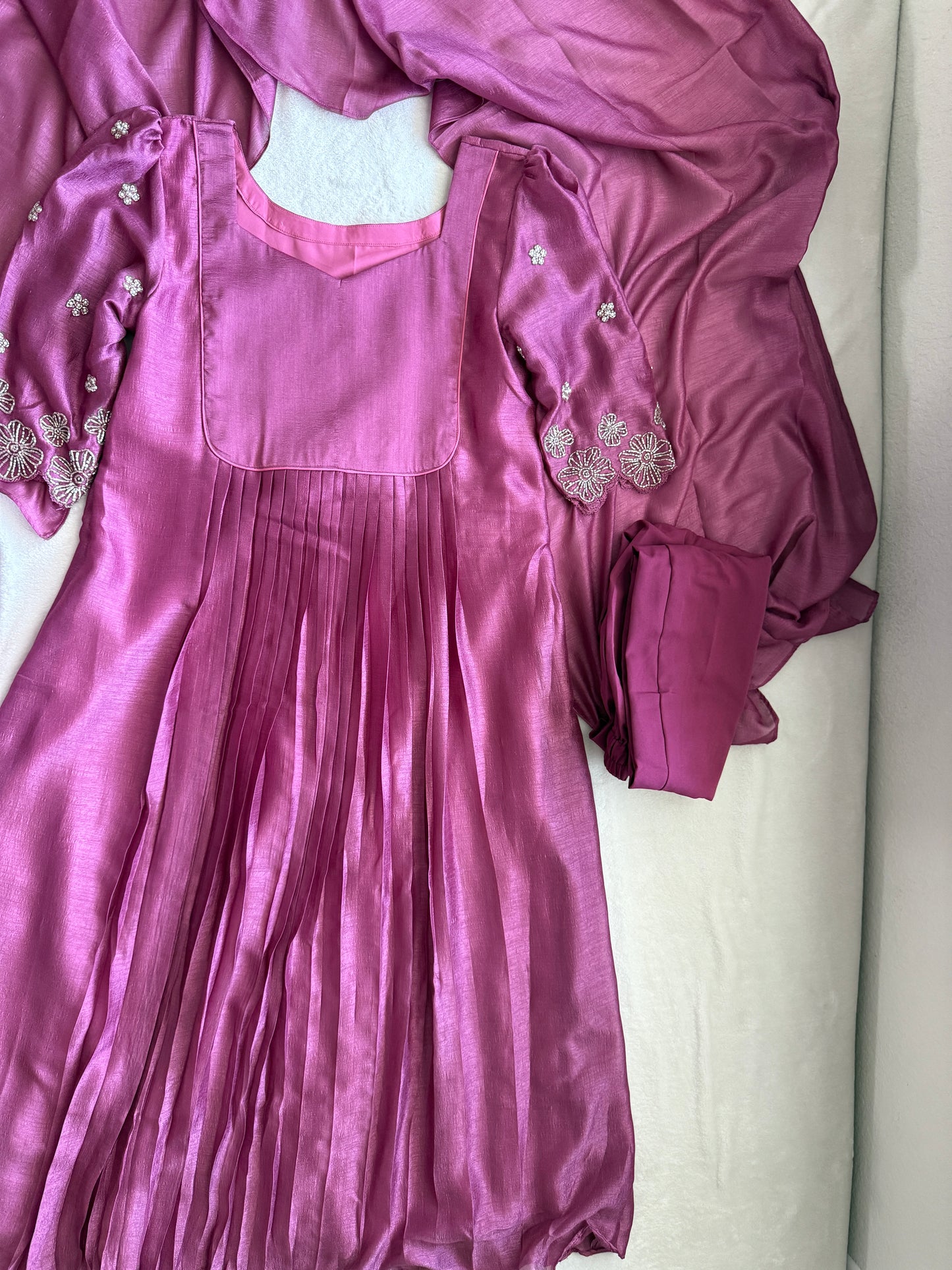 Magenta shade blooming silk handwork pleated anarkali set