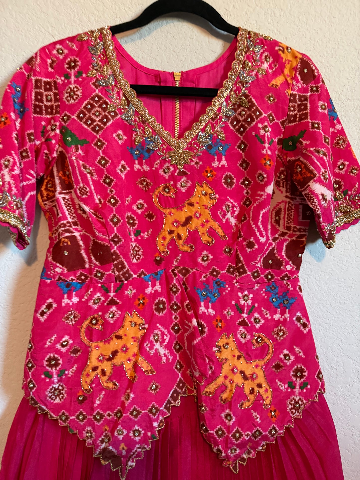 Pink Pure Patola Diamond Cut Pattern Peplum Top with Skirt Set